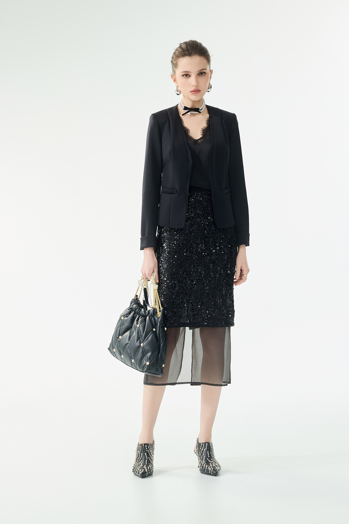 Organza Linning V-neck BlazerOrganza Linning V-neck Blazer,Jackets,Outerwear,Season (SS) Look,Black outerwear