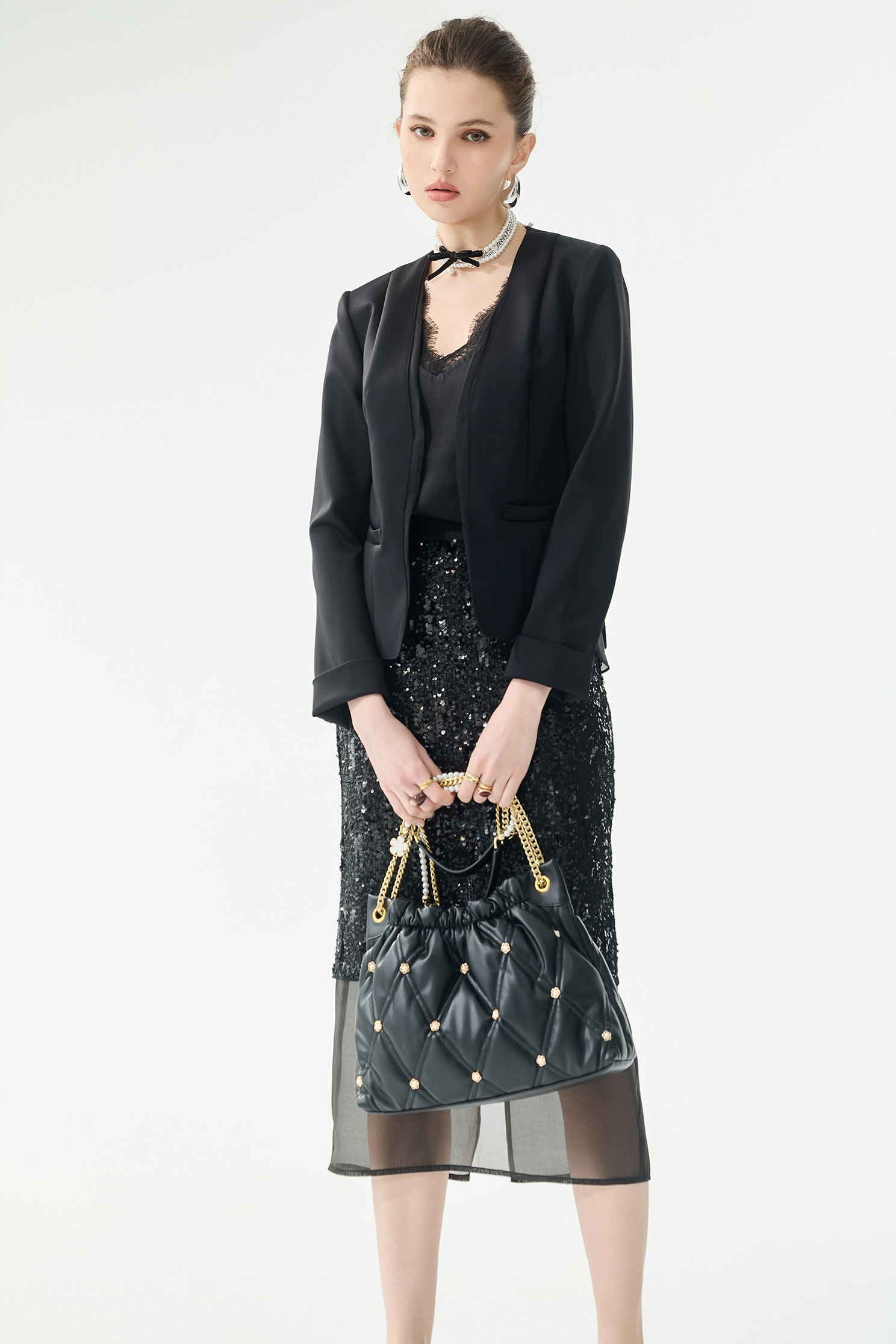 Organza Linning V-neck BlazerOrganza Linning V-neck Blazer,Jackets,Outerwear,Season (SS) Look,Black outerwear