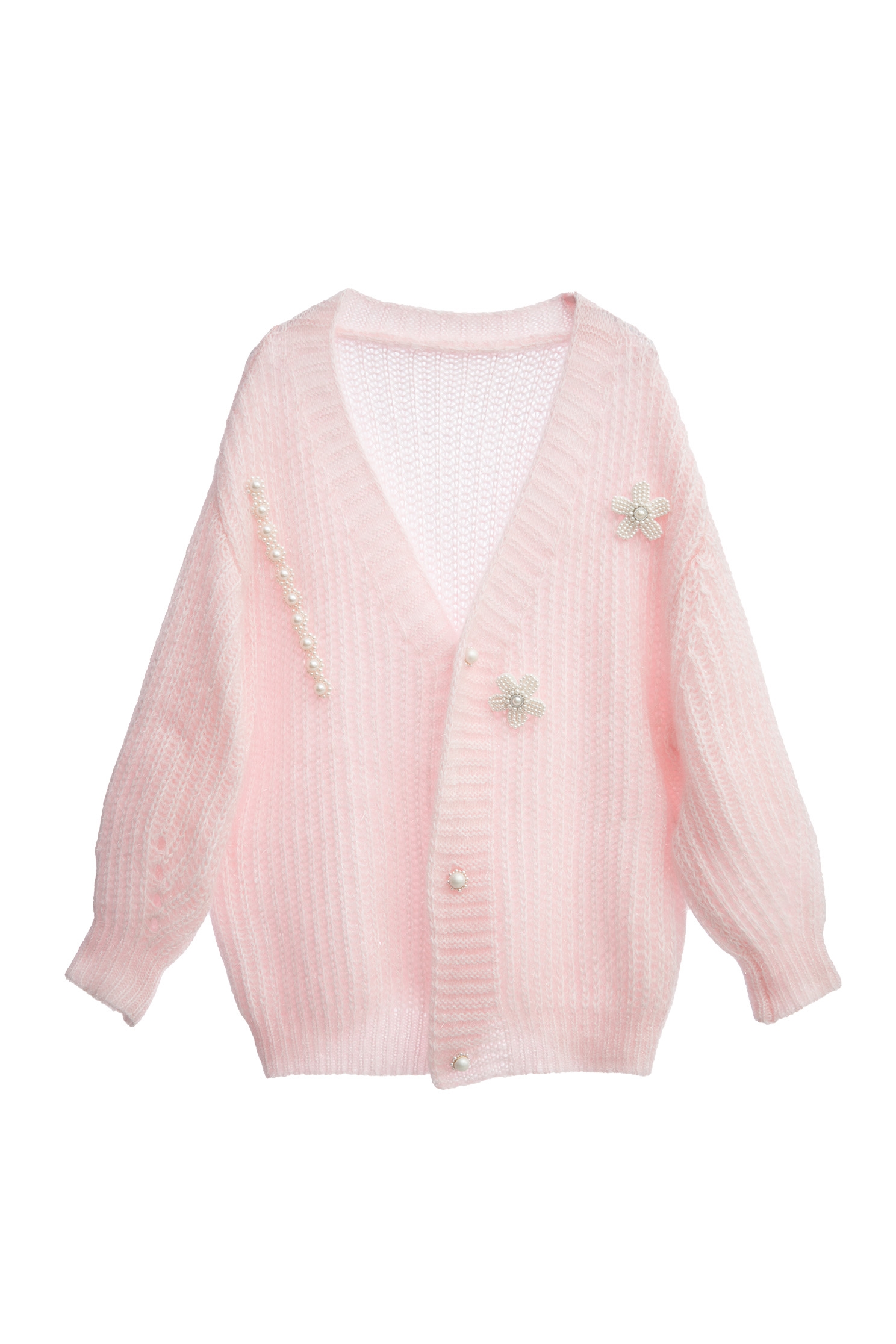 Oversize Pink Knit Cardigan With Floral Brooch AccessoryOversize Pink Knit Cardigan With Floral Brooch Accessory,pearl,Season (AW) Look,Cardigans,Knitted,Knitted coats