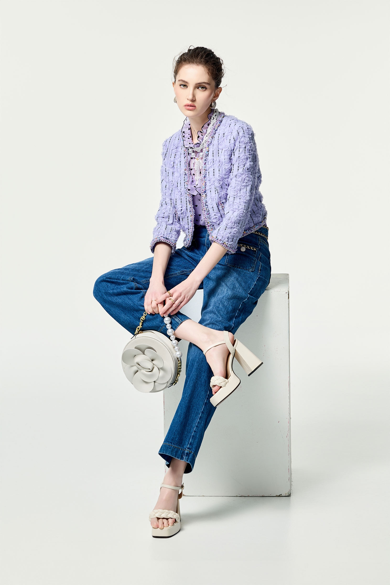 3-D Mesh Floral Purple Jacket3-D Mesh Floral Purple Jacket,Jackets,Office Looks,Outerwear,Season (SS) Look,co-ord sets,Stripe,blossoms