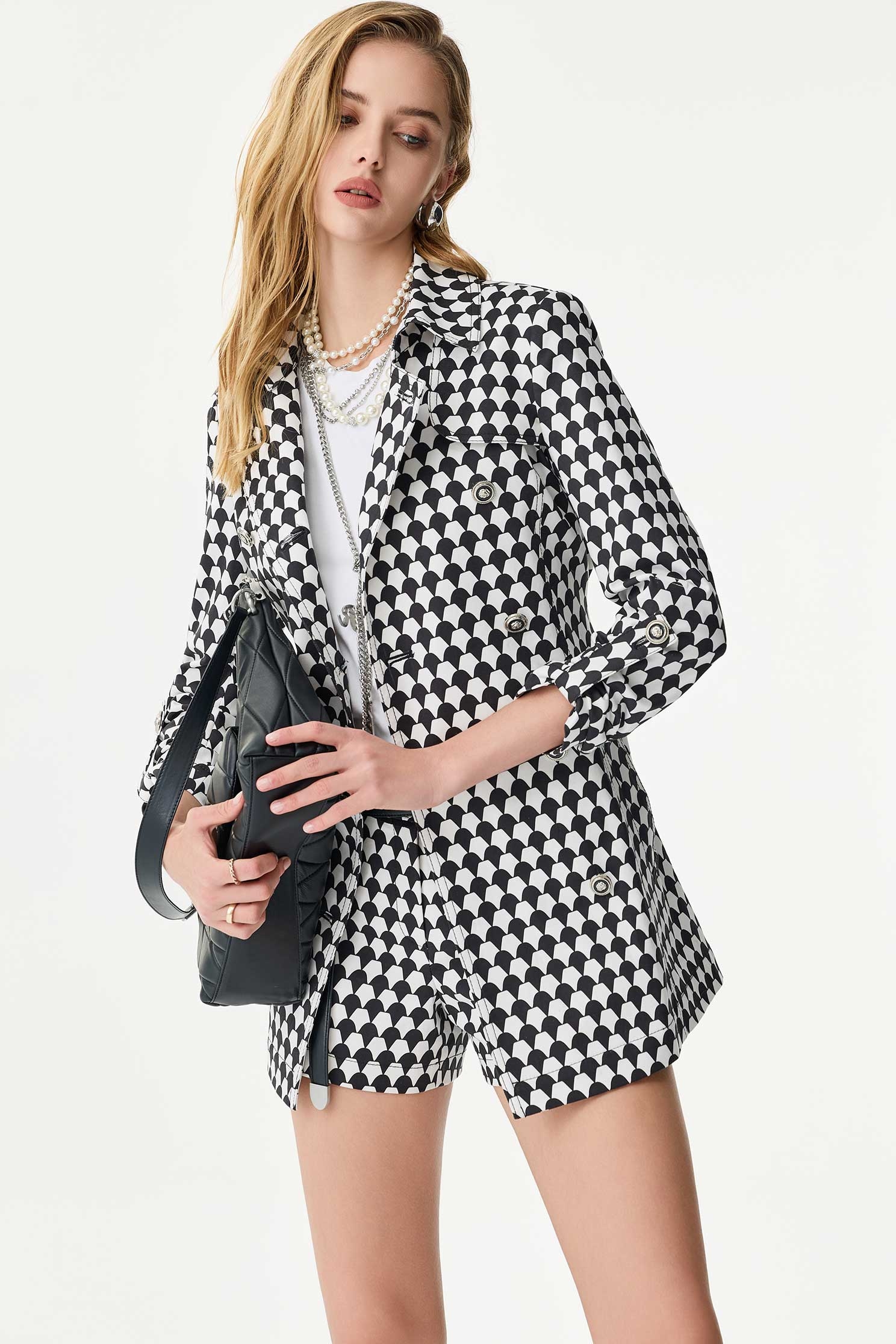 Black Geomatric Print Trench CoatBlack Geomatric Print Trench Coat,Jackets,Season (SS) Look,Trench coats