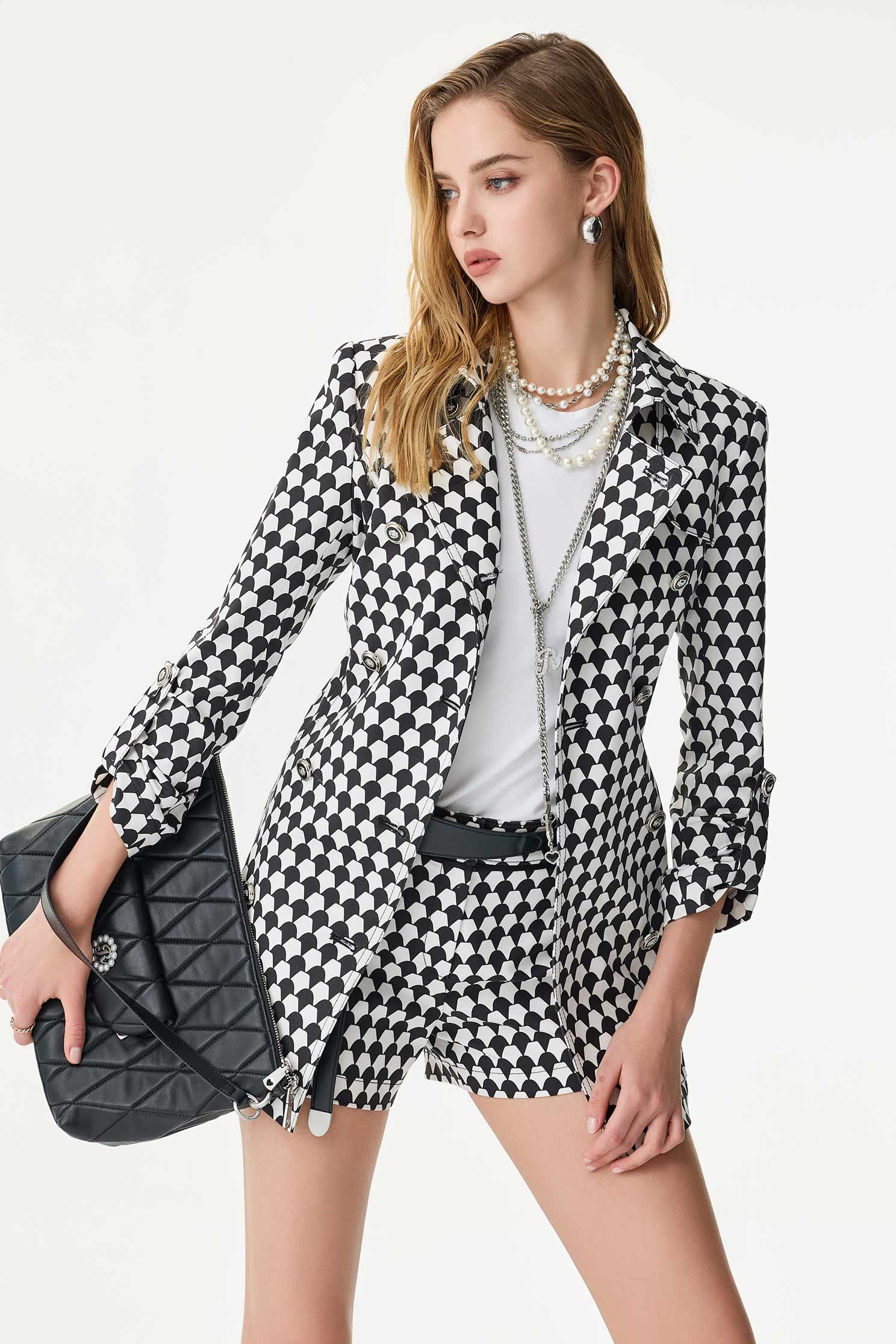 Black Geomatric Print Trench CoatBlack Geomatric Print Trench Coat,Jackets,Season (SS) Look,Trench coats