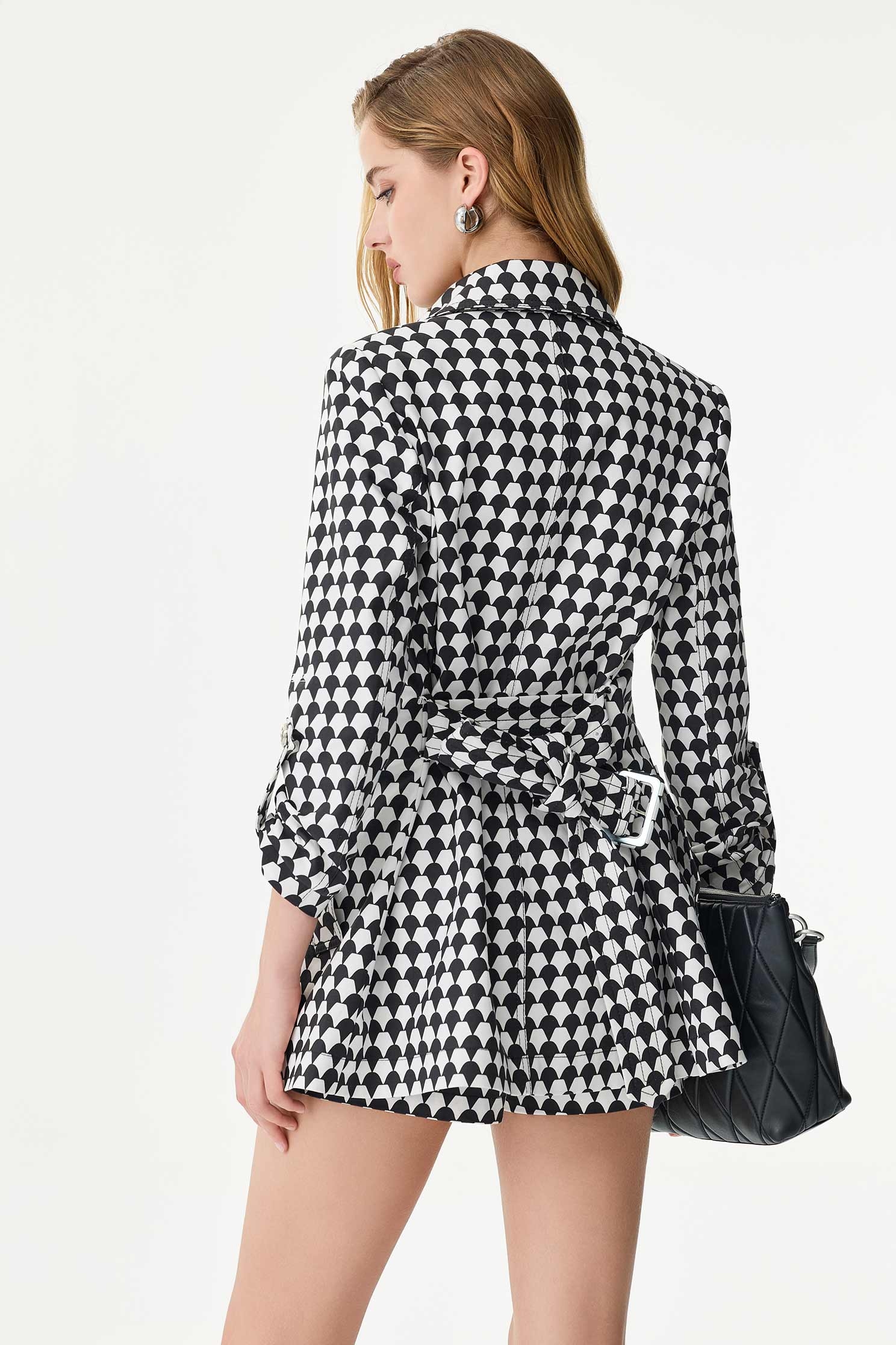 Black Geomatric Print Trench CoatBlack Geomatric Print Trench Coat,Jackets,Season (SS) Look,Trench coats