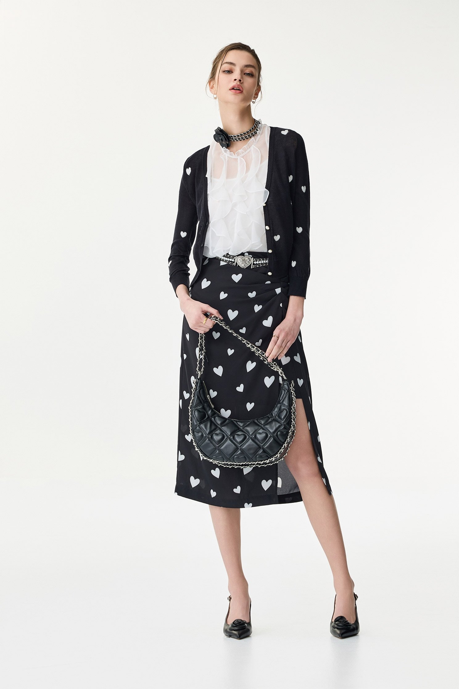 Heart Print V-neck CardiganHeart Print V-neck Cardigan,Jackets,Outerwear,Season (SS) Look,Knitted,Knitted coats,Black outerwear