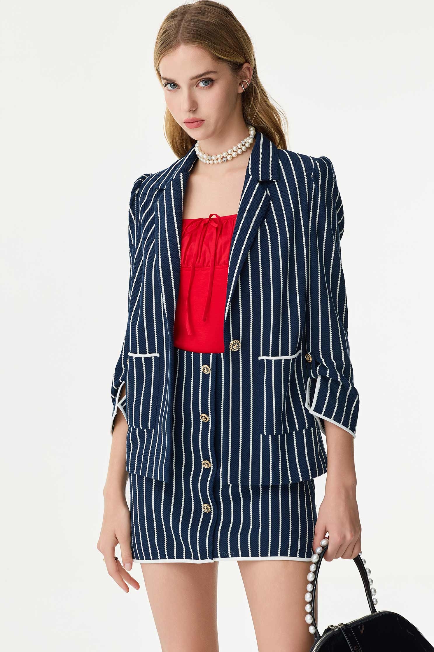 Pinstripe Navy BlazerPinstripe Navy Blazer,Office Looks,Outerwear,Season (SS) Look,co-ord sets,Stripe,Blazers