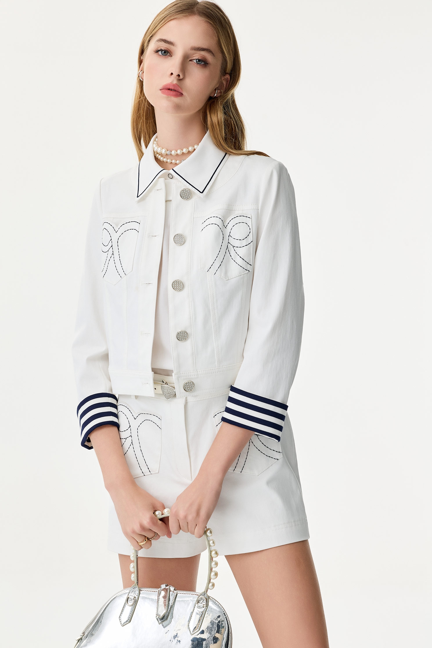 Contrast Hoodie Denim JacketContrast Hoodie Denim Jacket,Office Looks,Embroidered,Outerwear,Season (SS) Look,co-ord sets,Stripe,pearl,Hoodie jackets