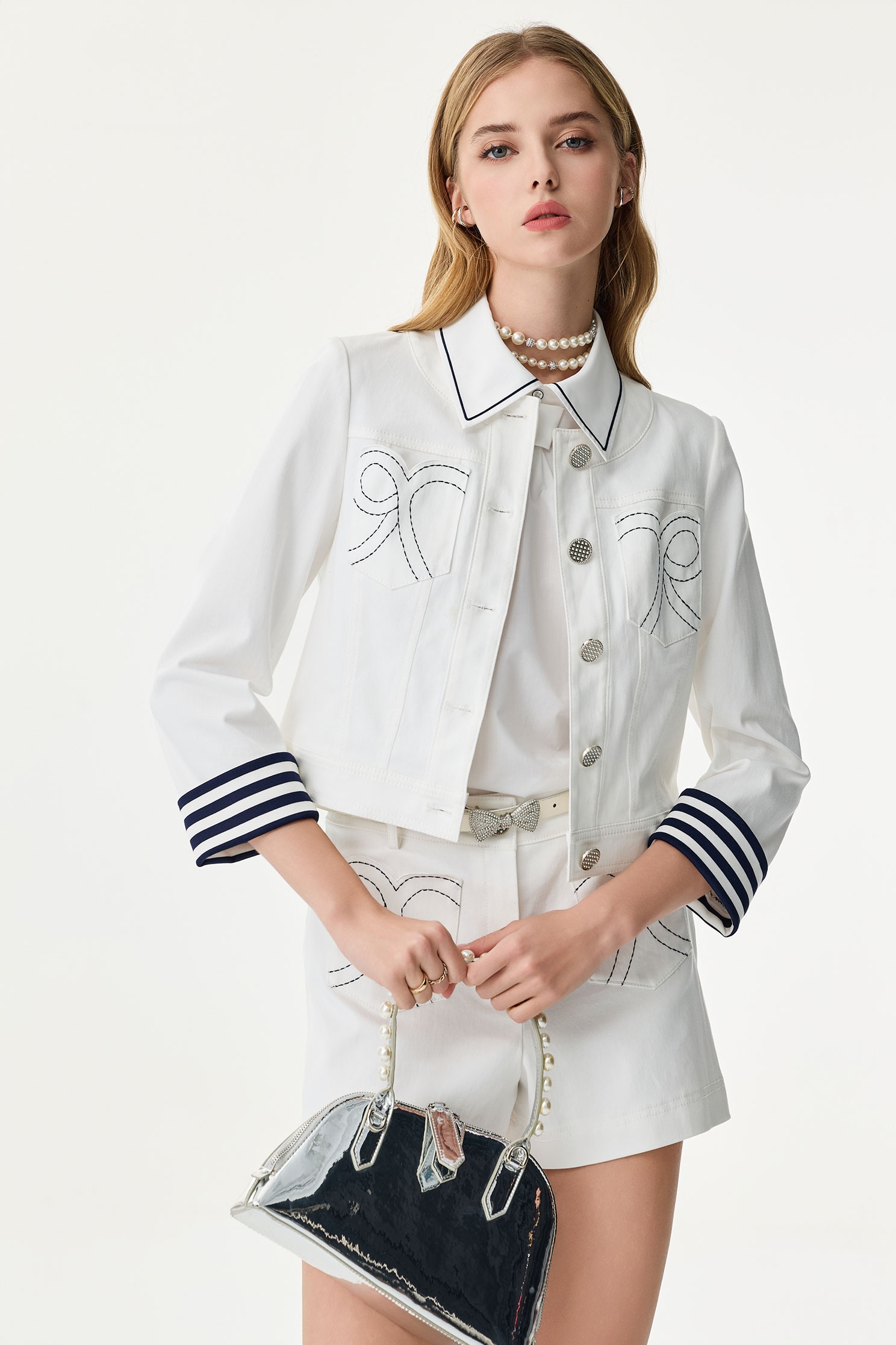 Contrast Hoodie Denim JacketContrast Hoodie Denim Jacket,Office Looks,Embroidered,Outerwear,Season (SS) Look,co-ord sets,Stripe,pearl,Hoodie jackets