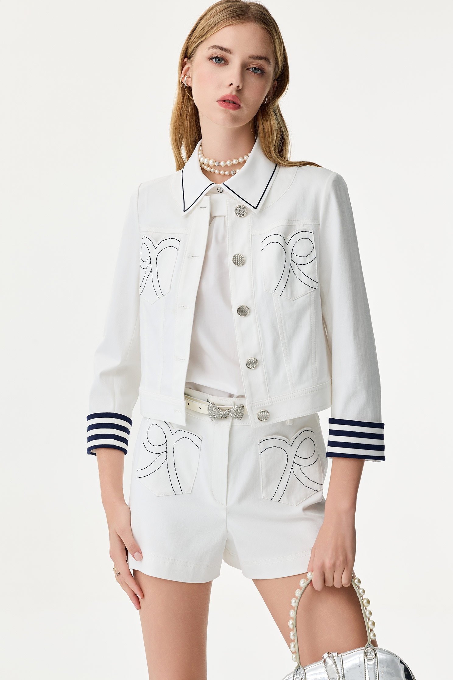 Contrast Hoodie Denim JacketContrast Hoodie Denim Jacket,Office Looks,Embroidered,Outerwear,Season (SS) Look,co-ord sets,Stripe,pearl,Hoodie jackets