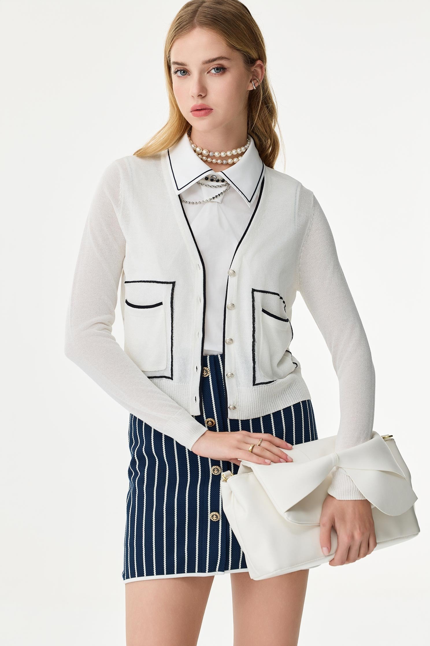 Contrast Navy Trim Knit CardiganContrast Navy Trim Knit Cardigan,Office Looks,Outerwear,Season (SS) Look,White outerwear,Valentine,Knitted,Knitted coats