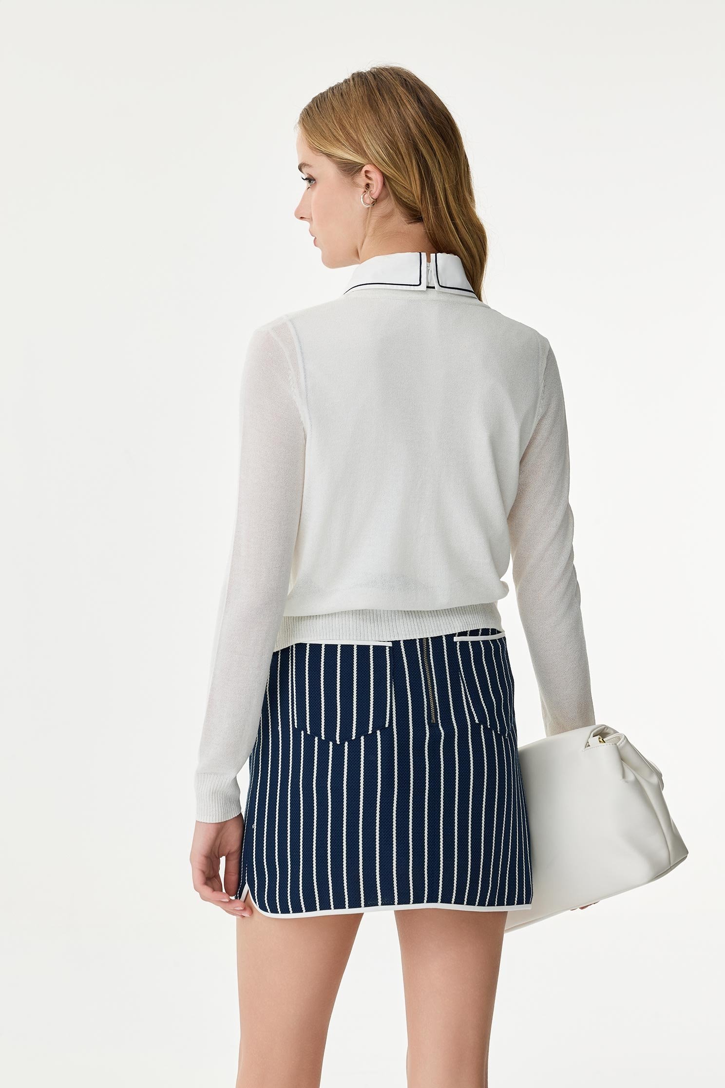 Contrast Navy Trim Knit CardiganContrast Navy Trim Knit Cardigan,Office Looks,Outerwear,Season (SS) Look,White outerwear,Valentine,Knitted,Knitted coats