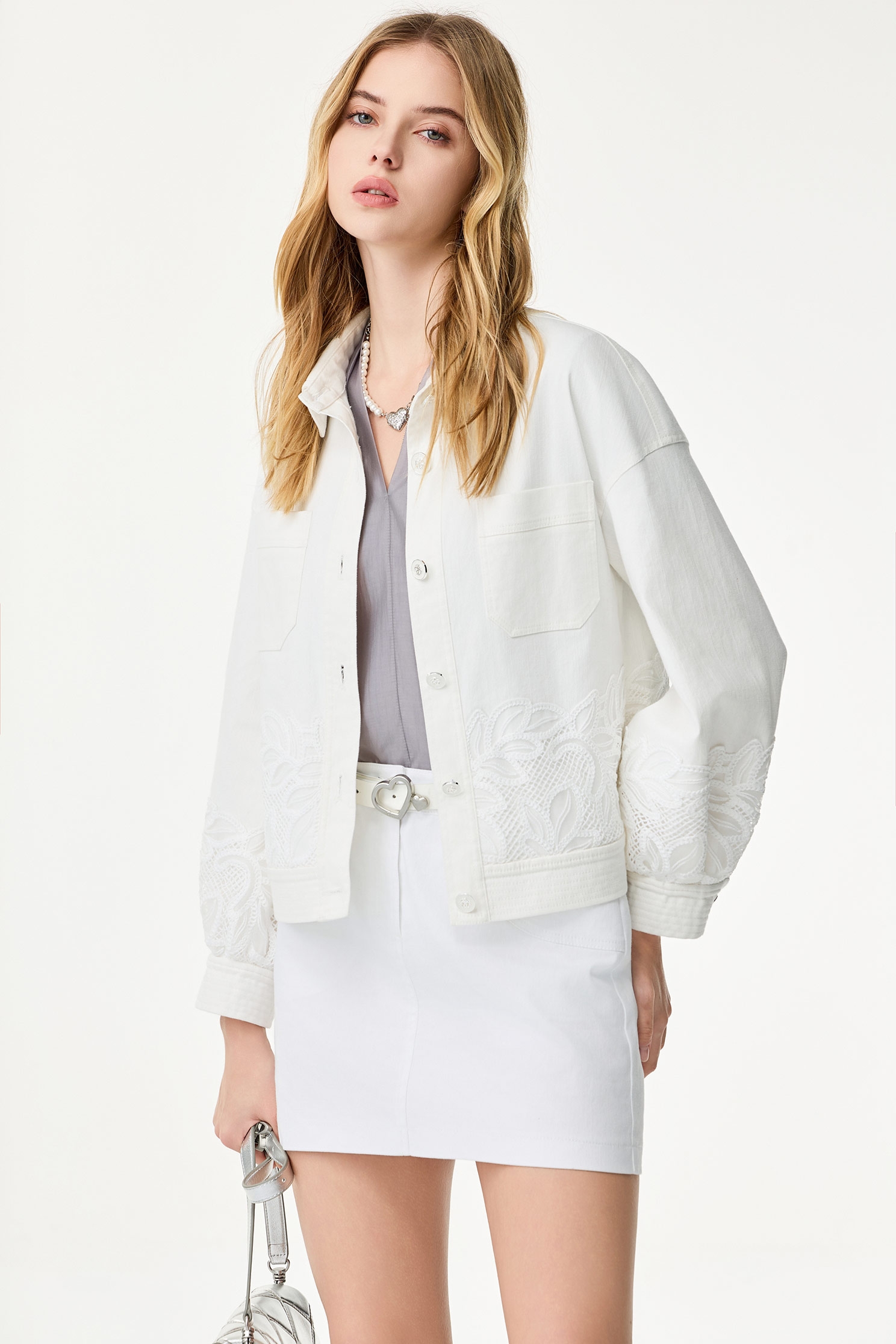 Lace Embroidery Denim JacketLace Embroidery Denim Jacket,Jackets,Outerwear,Season (SS) Look,co-ord sets,Denim,Denim Jackets,White outerwear,Lace,Urban Fashion