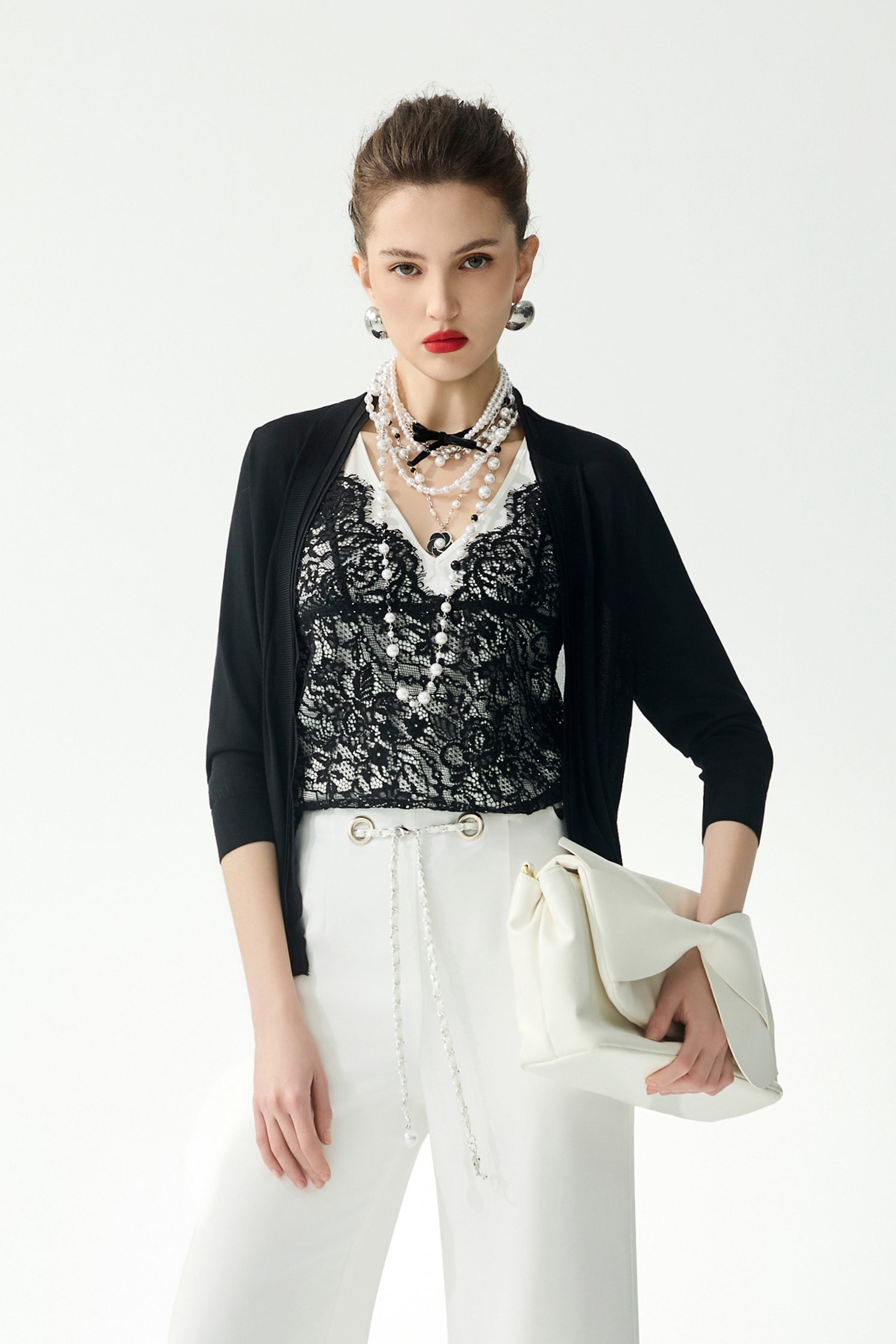 Chiffon Layer Knit CardiganChiffon Layer Knit Cardigan,Jackets,Outerwear,Season (SS) Look,Embroidered,Knitted,Knitted coats,Chiffon,Black outerwear