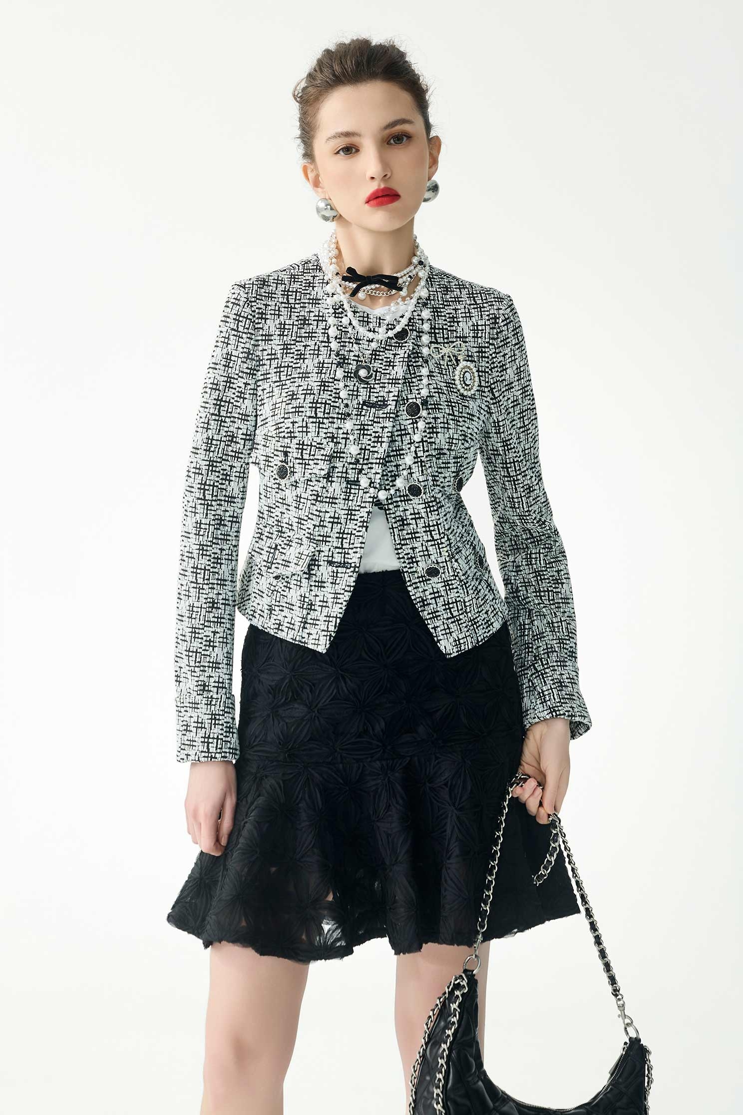 Vintage Brooch Plaid JacketVintage Brooch Plaid Jacket,Jackets,Outerwear,Season (SS) Look,pearl,bows