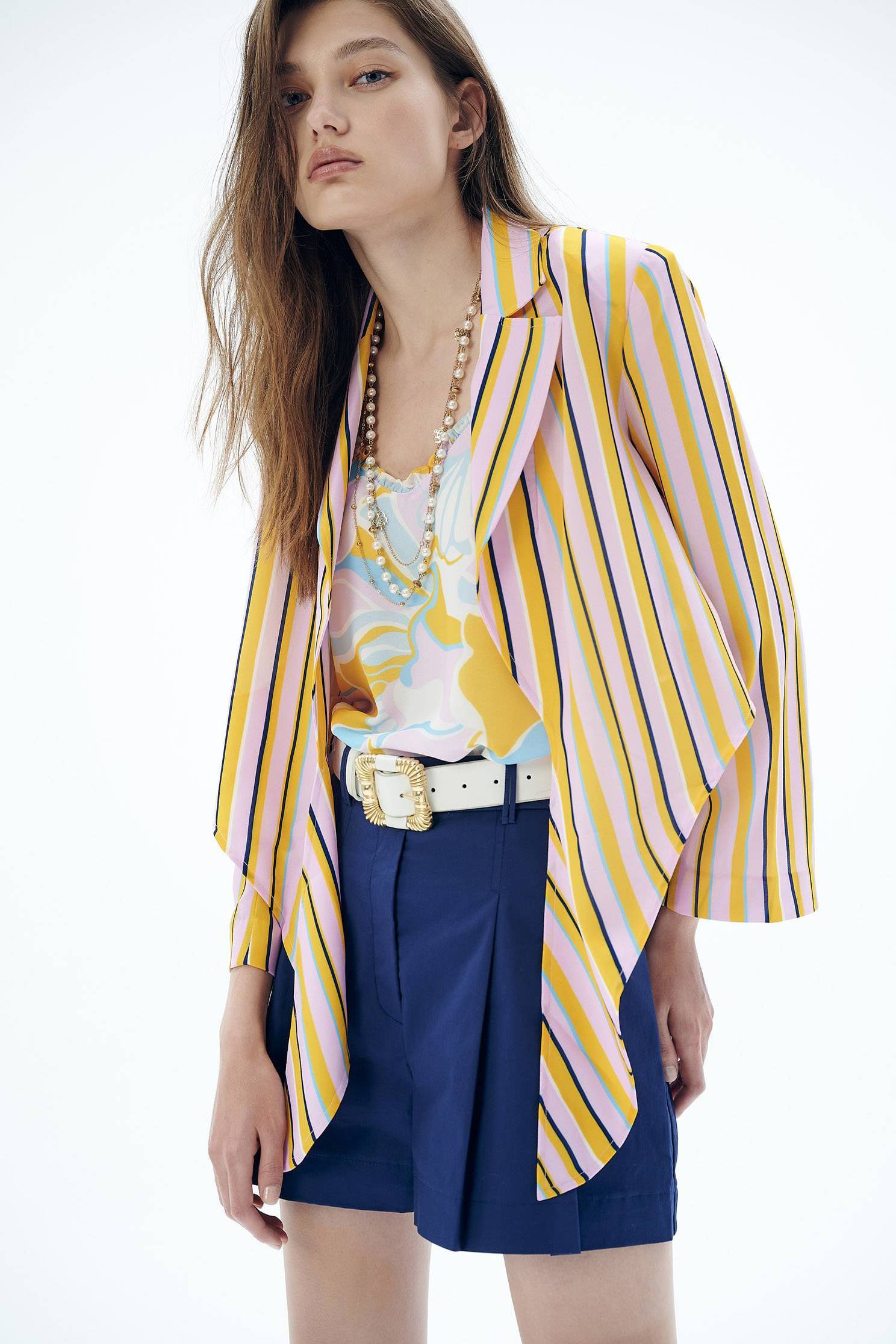 Summer Stripe Print Front Tie Knot Crop OuterwearColorful straight striped casual strappy coat,Jackets,Season (SS) Look,Stripe,Trends,Blazers