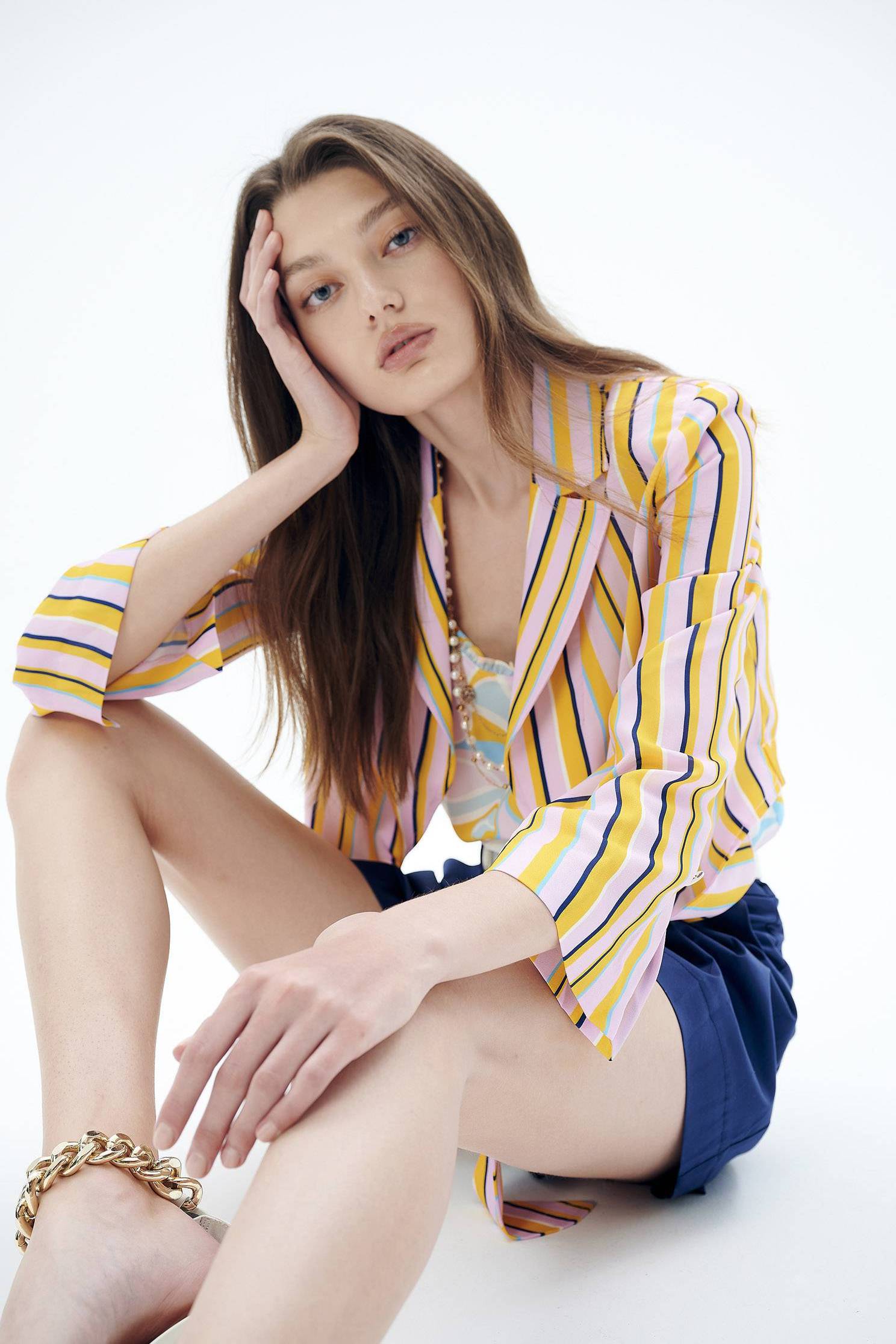 Summer Stripe Print Front Tie Knot Crop OuterwearColorful straight striped casual strappy coat,Jackets,Season (SS) Look,Stripe,Trends,Blazers