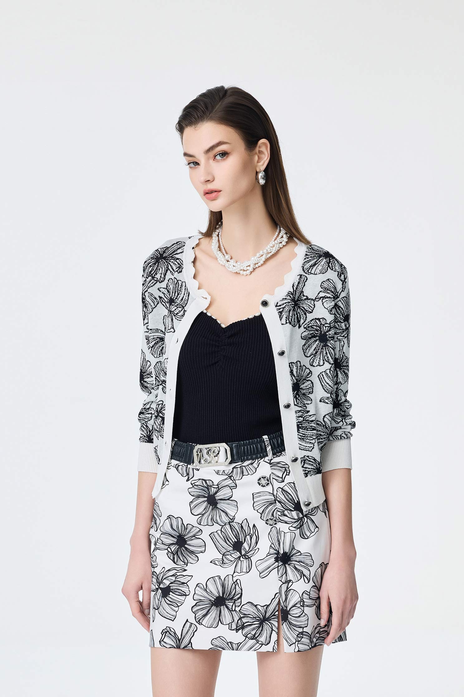 Floral Print Knit Cardigan,Season (SS) Look,co-ord sets,Cotton,Back To Classic,Knitted coats,Back To B/W