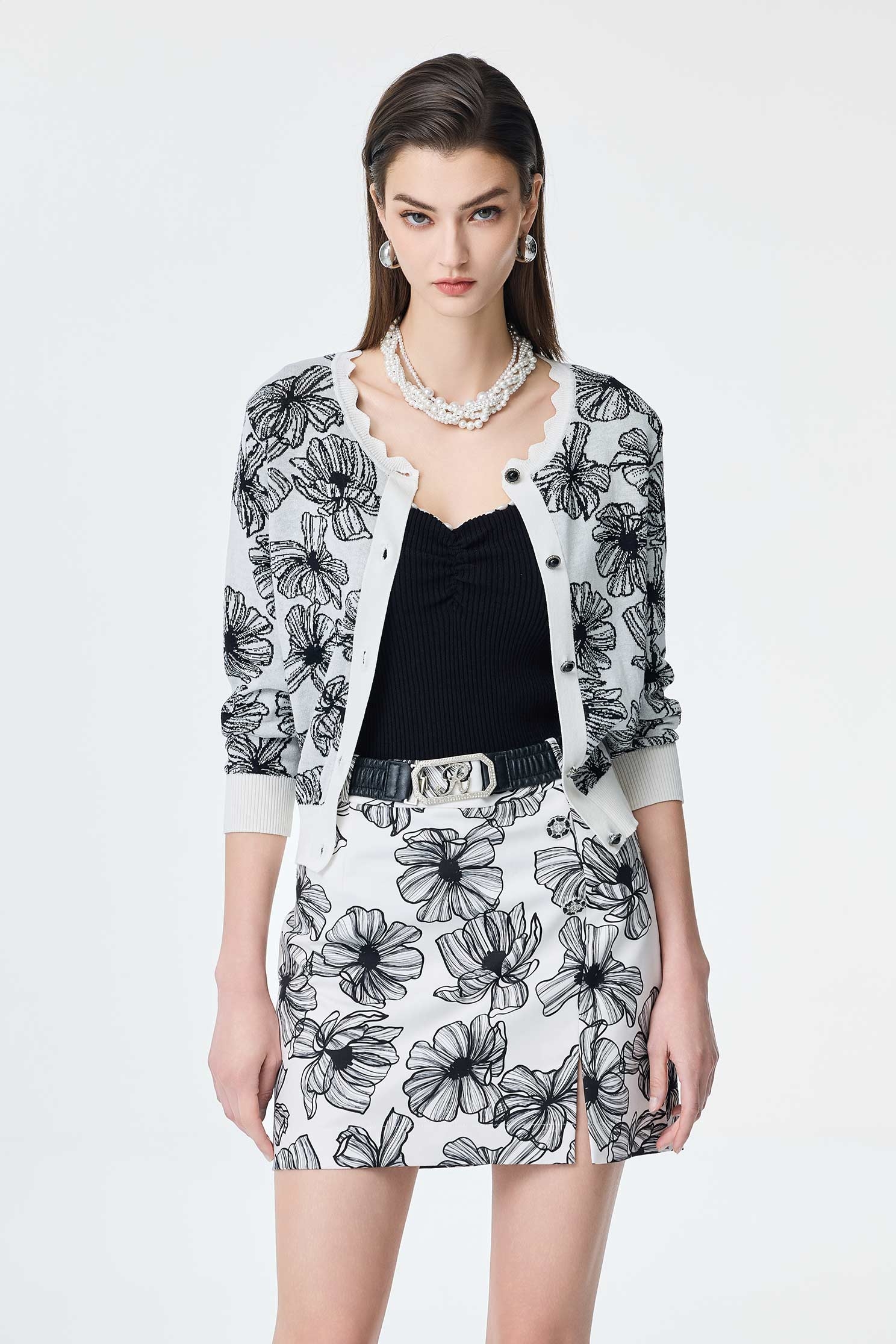Floral Print Knit Cardigan,Season (SS) Look,co-ord sets,Cotton,Back To Classic,Knitted coats,Back To B/W