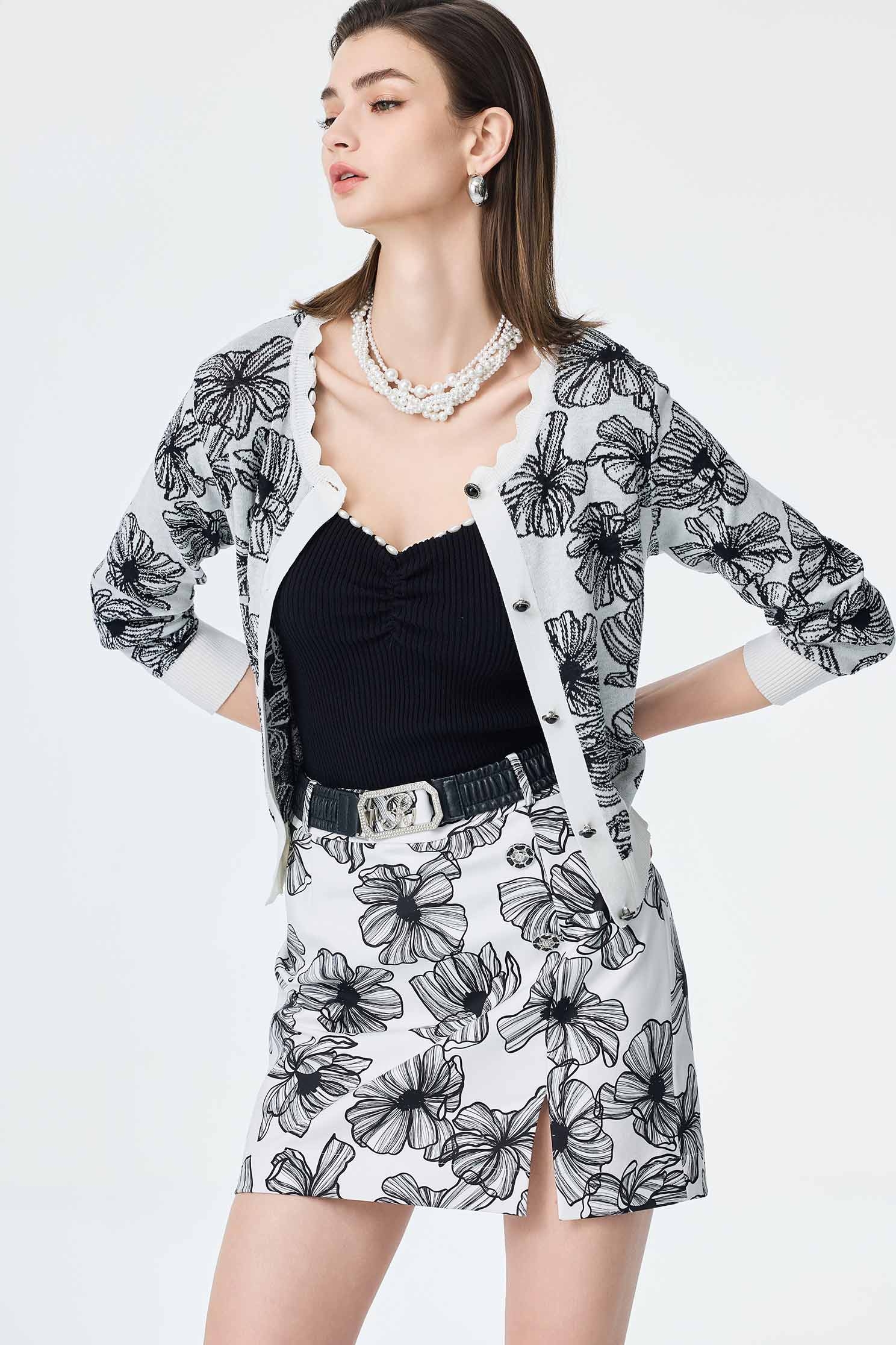 Floral Print Knit Cardigan,Season (SS) Look,co-ord sets,Cotton,Back To Classic,Knitted coats,Back To B/W