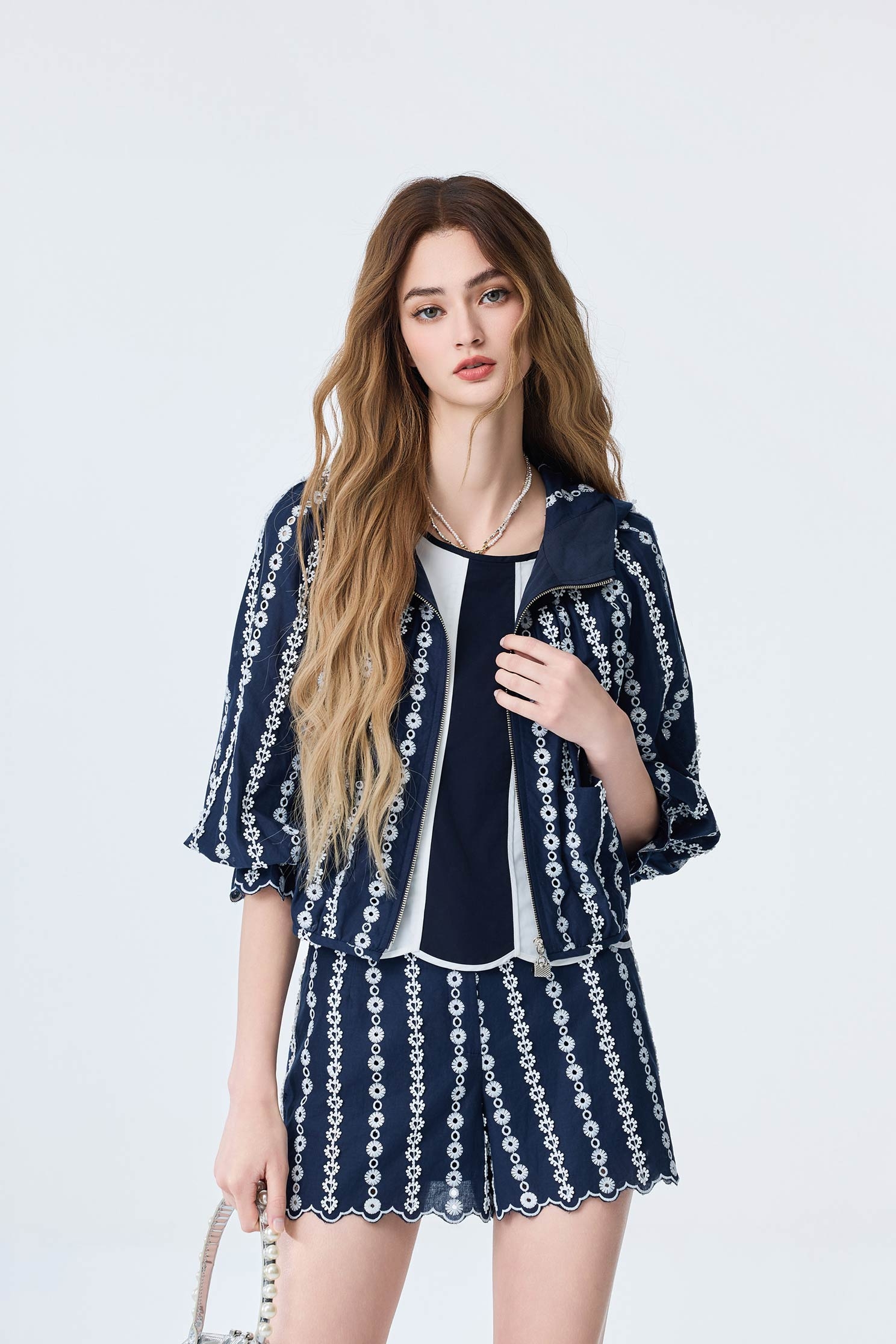 Navy Hoodie Jacket With Contrast Lace DetailNavy Hoodie Jacket With Contrast Lace Detail,Jackets,Embroidered,Outerwear,Season (SS) Look,Lace,Hoodie jackets,Urban Fashion