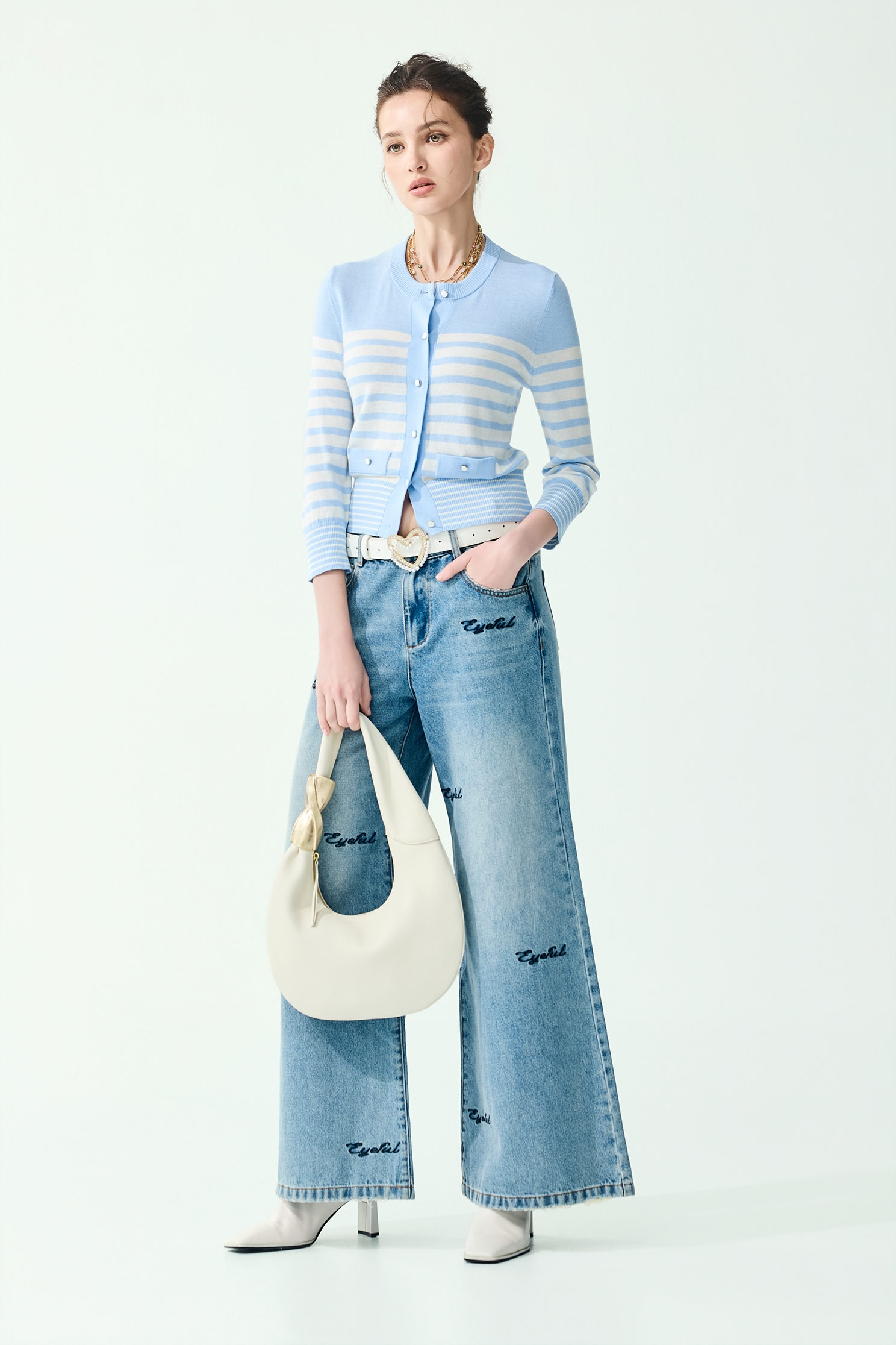 Blue White Stripe Knit Cardigan,Jackets,Denim,Outerwear,Season (SS) Look,Knitted,Knitted coats