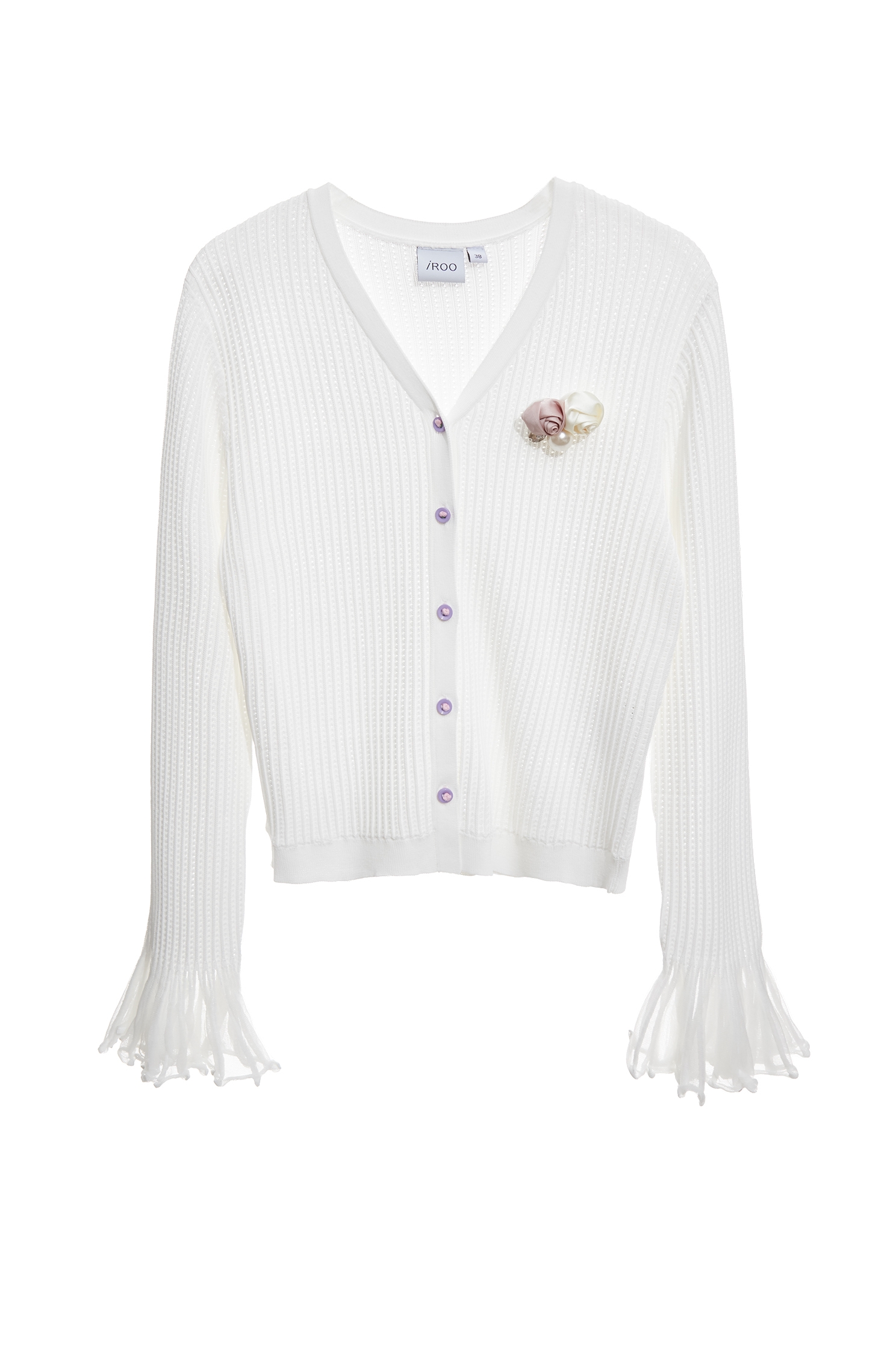 Floral Brooch Knit CardiganFloral Brooch Knit Cardigan,Jackets,Outerwear,Season (SS) Look,Stripe,White outerwear,Knitted,Knitted coats