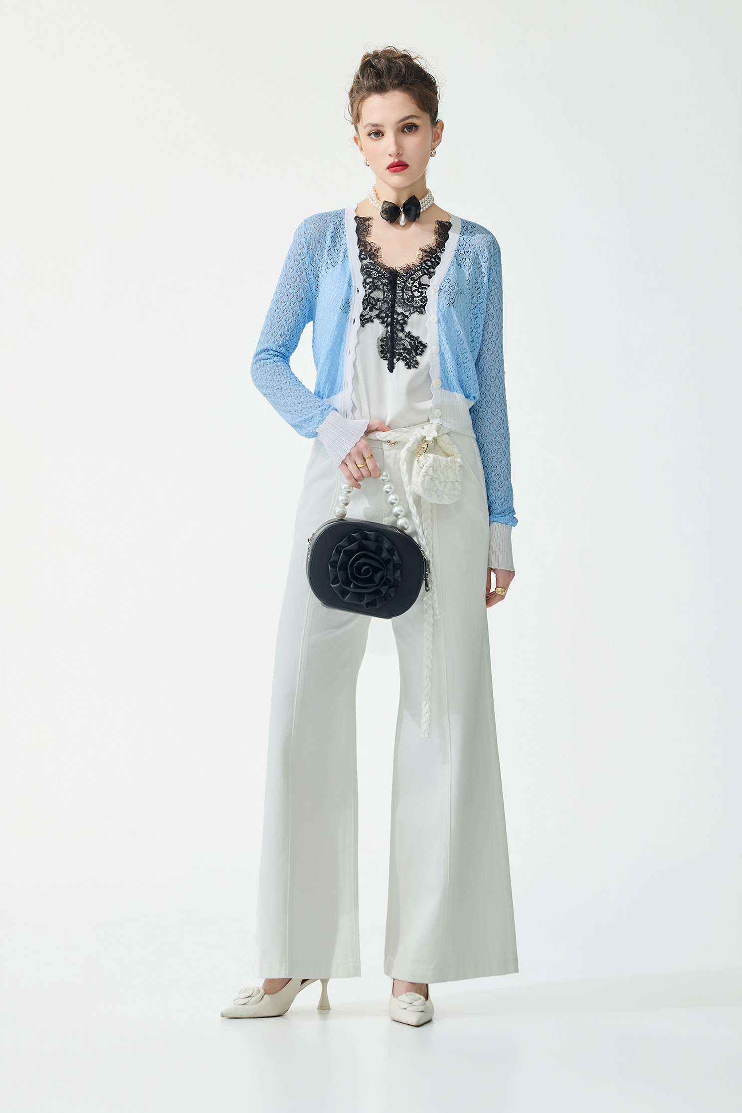 Contrast White Trim Blue Knit CardiganContrast White Trim Blue Knit Cardigan,Jackets,Outerwear,Season (SS) Look,Knitted,Knitted coats