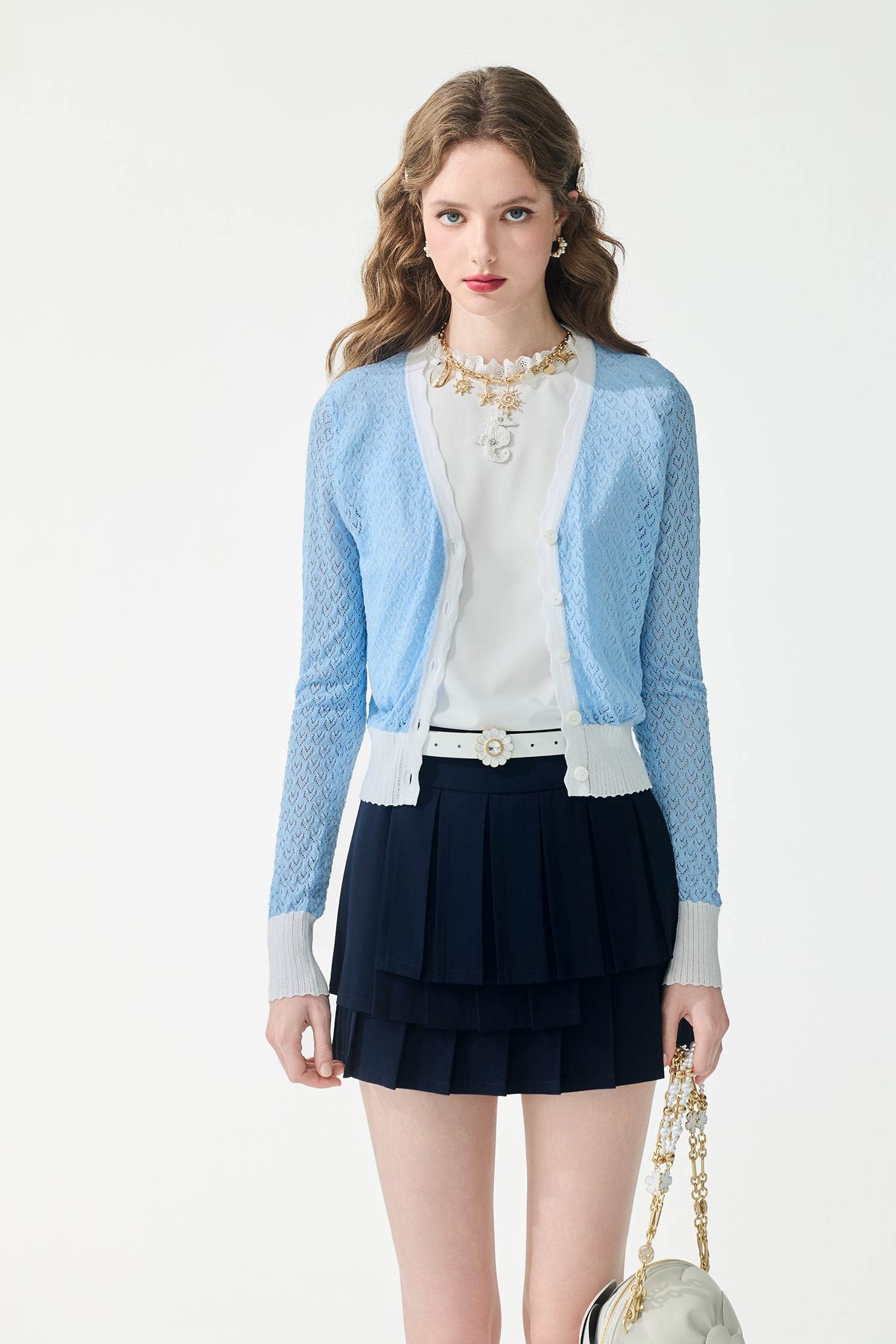 Contrast White Trim Blue Knit CardiganContrast White Trim Blue Knit Cardigan,Jackets,Outerwear,Season (SS) Look,Knitted,Knitted coats