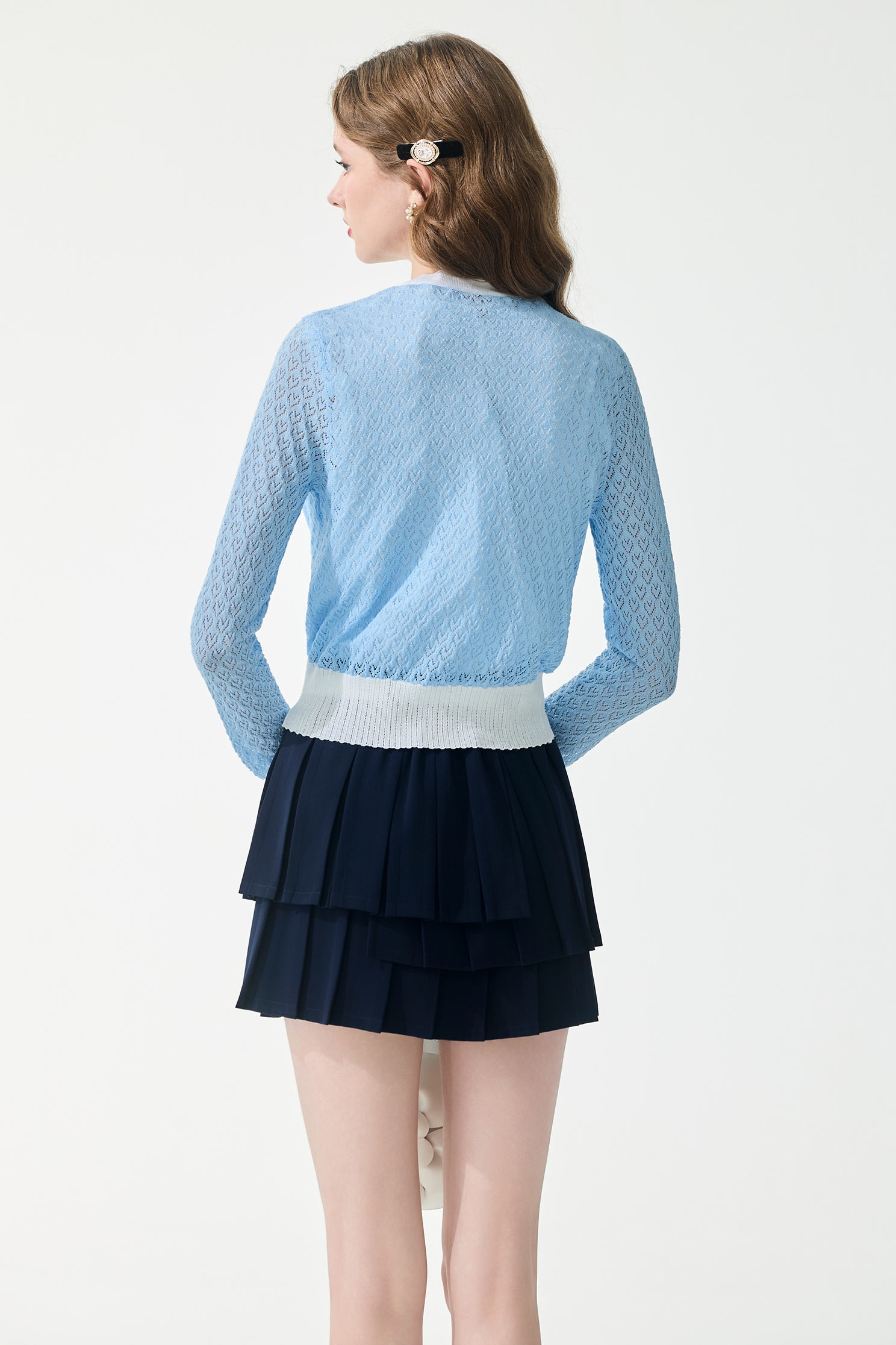 Contrast White Trim Blue Knit CardiganContrast White Trim Blue Knit Cardigan,Jackets,Outerwear,Season (SS) Look,Knitted,Knitted coats