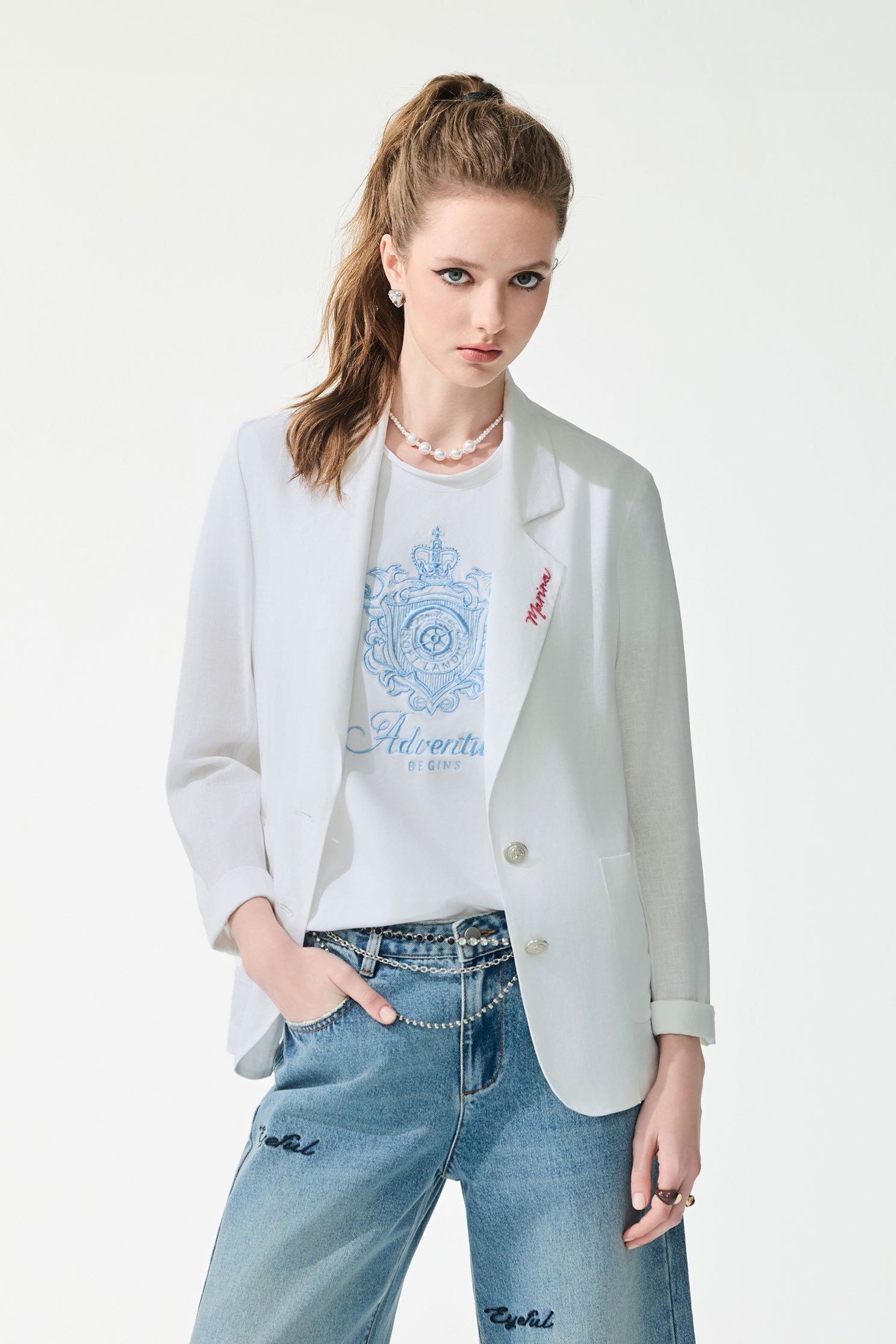 Embroidery Slogan Linen Blazer,Jackets,Embroidered,Outerwear,Season (SS) Look,White outerwear,Chiffon