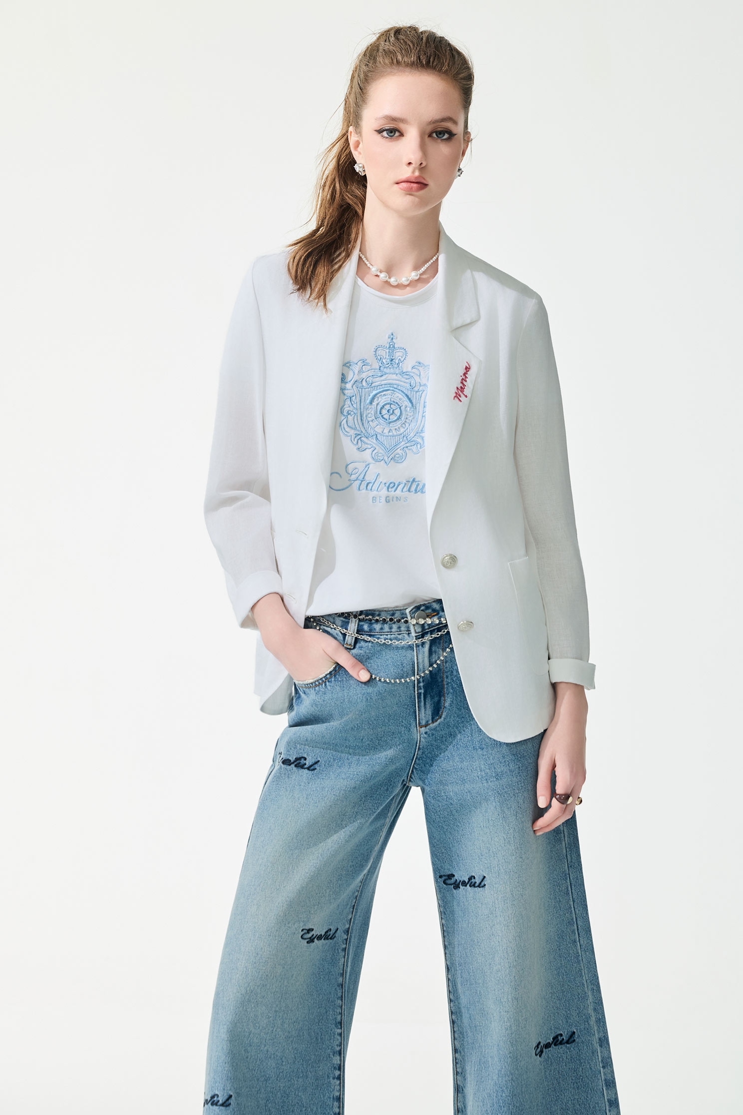 Embroidery Slogan Linen Blazer,Jackets,Embroidered,Outerwear,Season (SS) Look,White outerwear,Chiffon