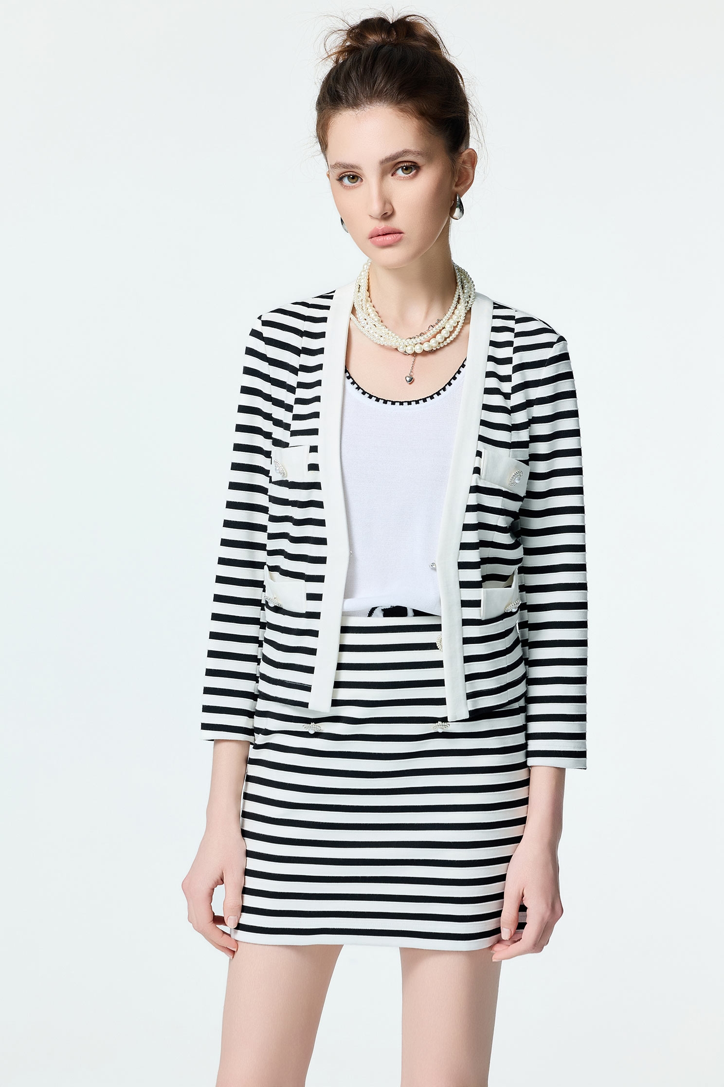 Black White Stripe V-neck JacketBlack White Stripe V-neck Jacket,Jackets,Outerwear,Season (SS) Look,pearl,Back To Classic,Back To B/W