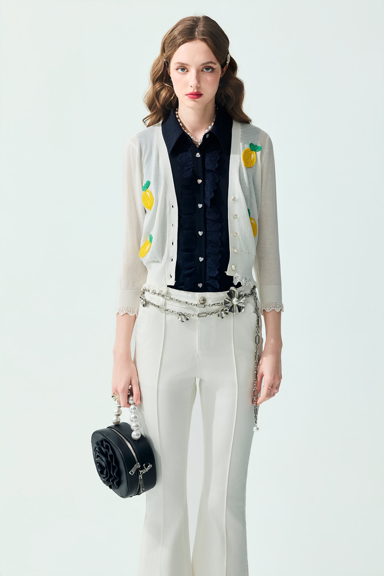 Pineapple Motif Knit CardiganPineapple Motif Knit Cardigan,Jackets,Embroidered,Outerwear,Season (SS) Look,White outerwear,Lace,Knitted,Knitted coats