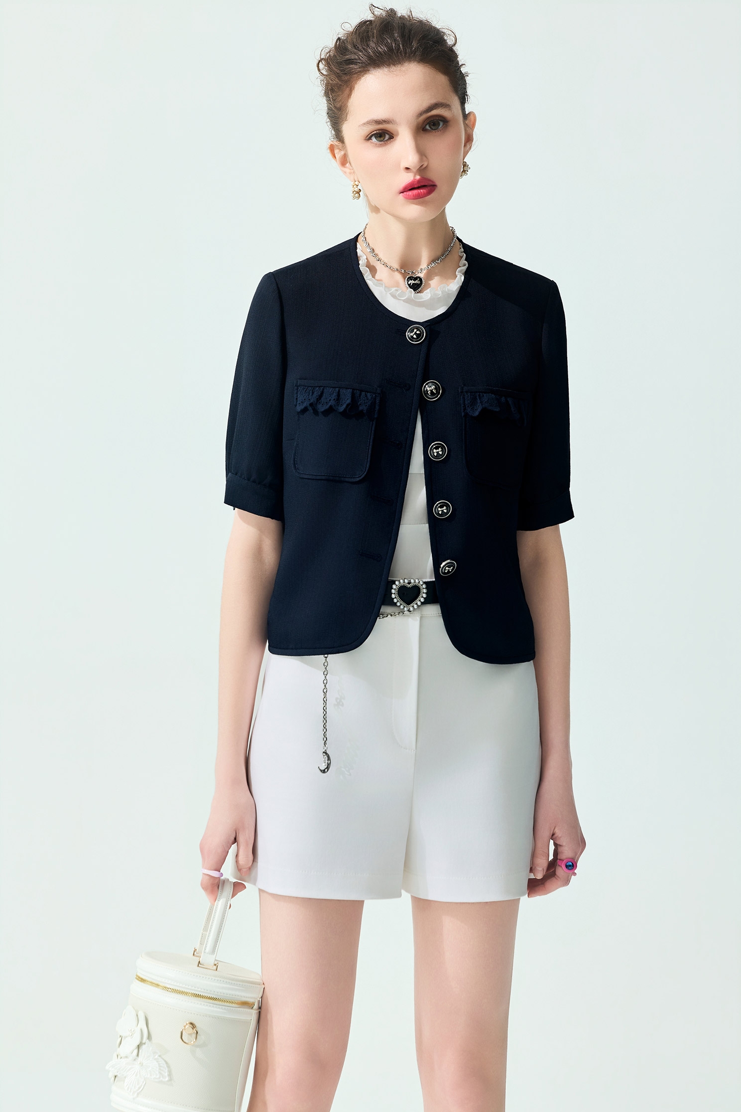 Navy Half Sleeve JacketNavy Half Sleeve Jacket,Jackets,Outerwear,Season (SS) Look,Lace,bows