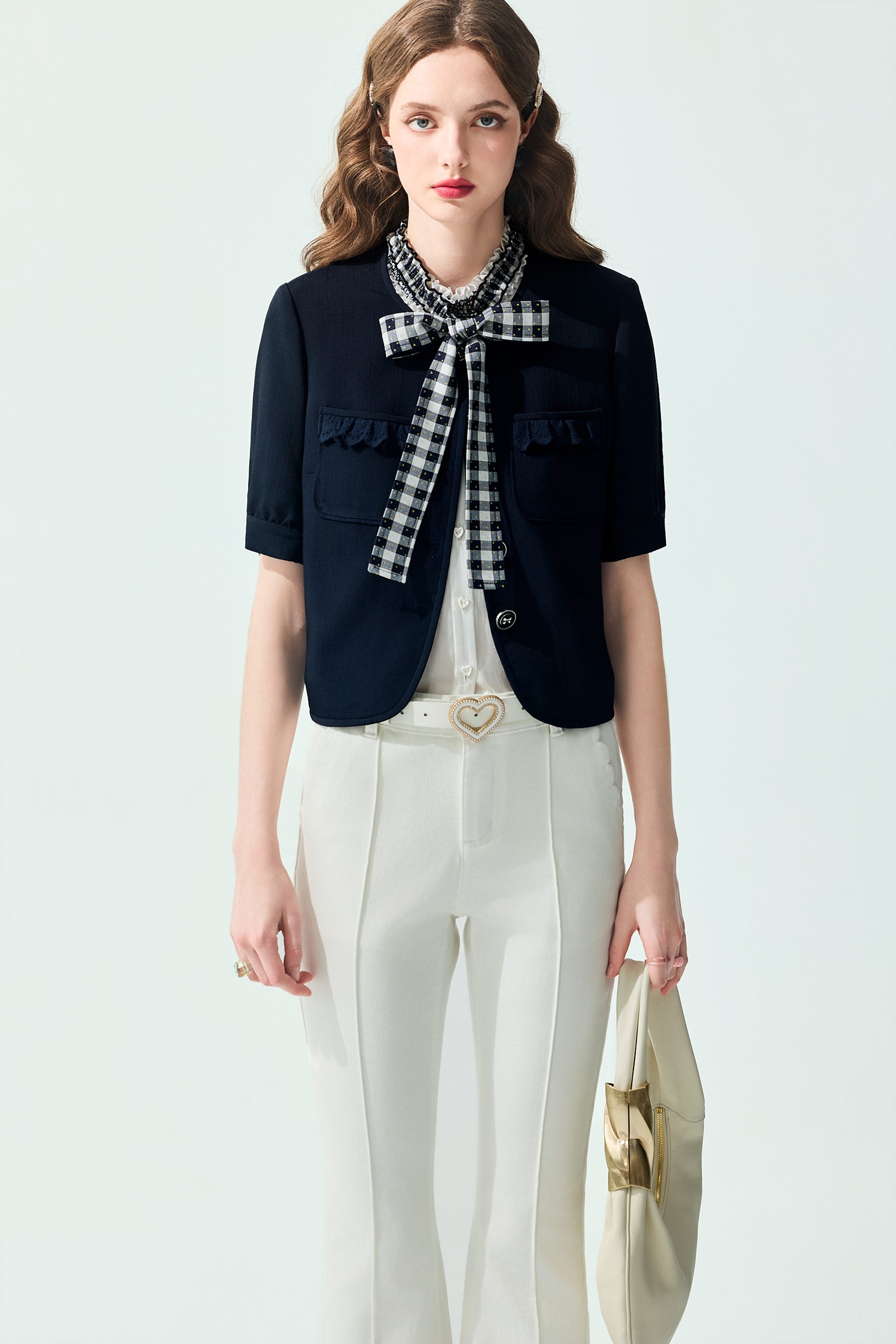 Navy Half Sleeve JacketNavy Half Sleeve Jacket,Jackets,Outerwear,Season (SS) Look,Lace,bows