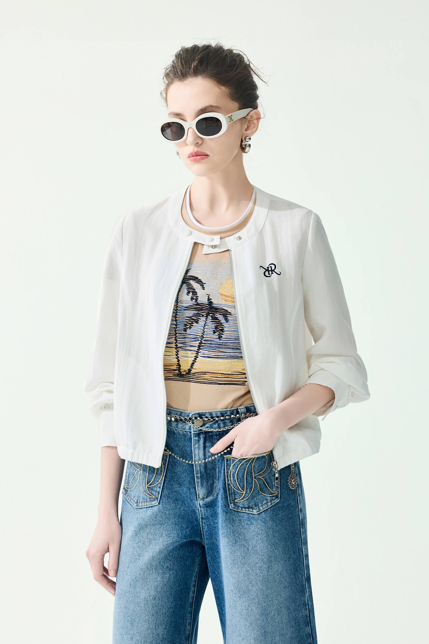 R Logo Front Zip Linen JacketR Logo Front Zip Linen Jacket,Jackets,Outerwear,Season (SS) Look,White outerwear