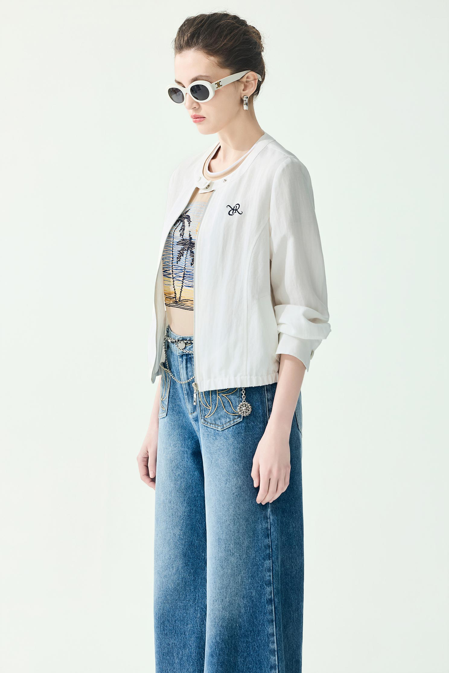 R Logo Front Zip Linen JacketR Logo Front Zip Linen Jacket,Jackets,Outerwear,Season (SS) Look,White outerwear