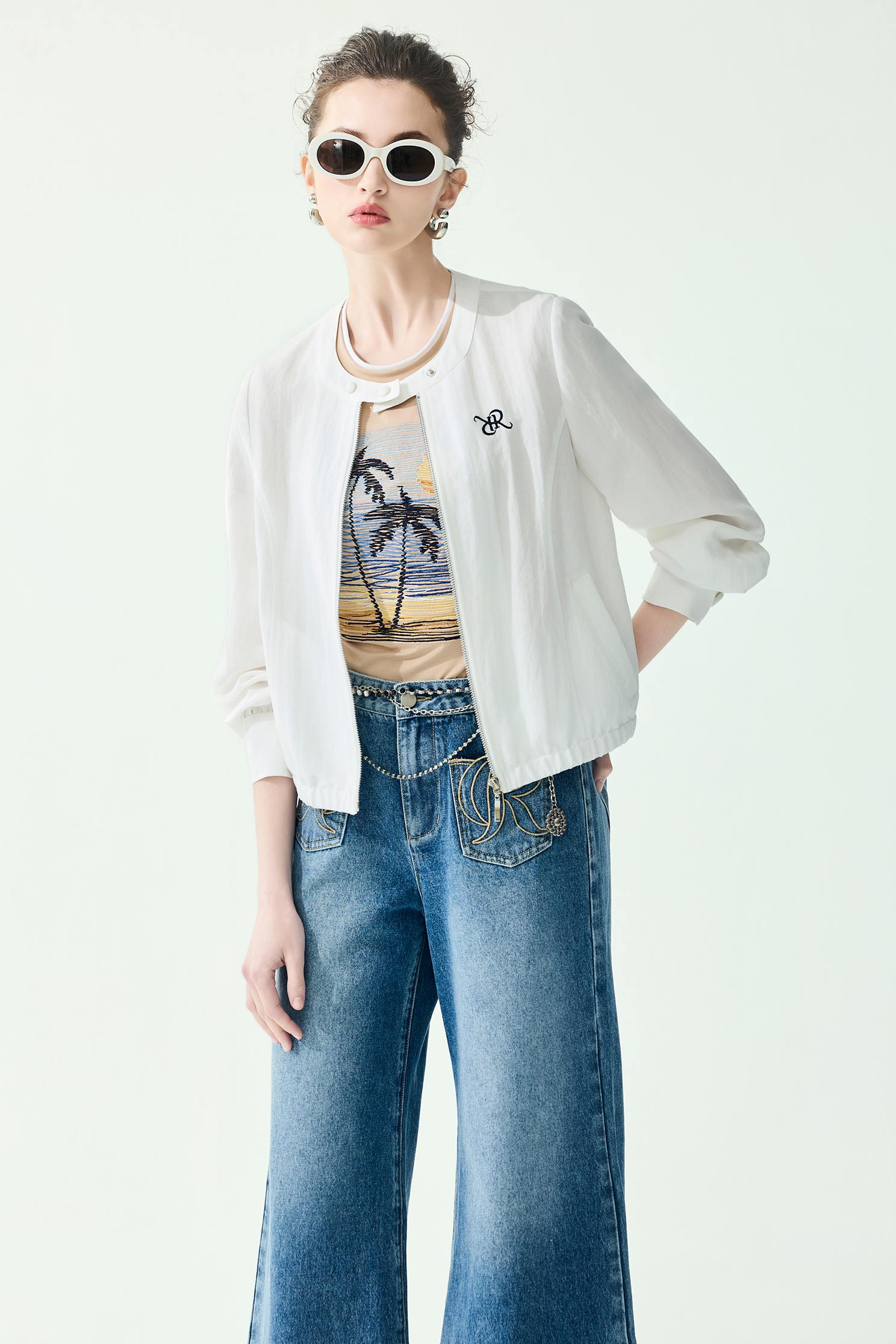 R Logo Front Zip Linen JacketR Logo Front Zip Linen Jacket,Jackets,Outerwear,Season (SS) Look,White outerwear
