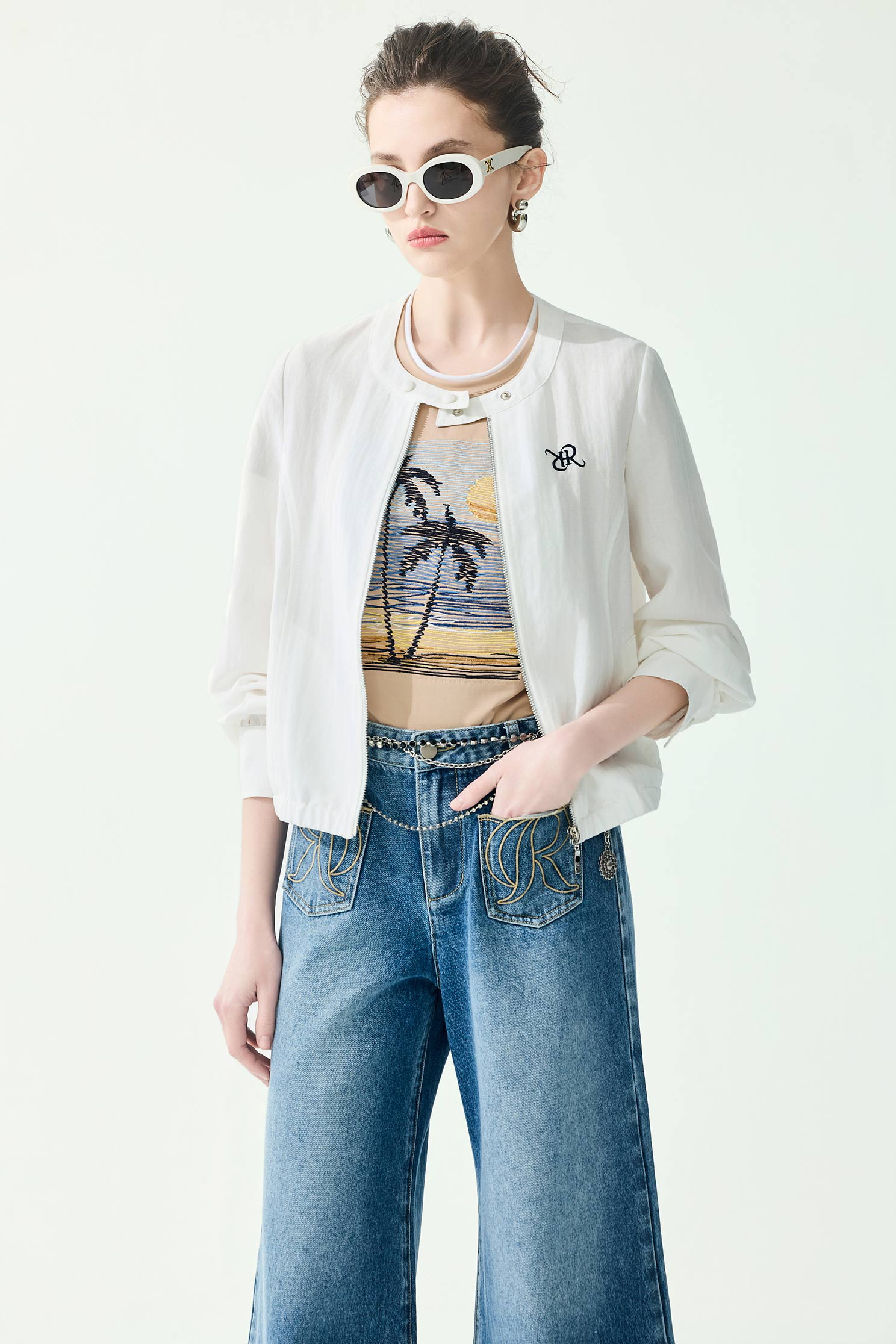 R Logo Front Zip Linen JacketR Logo Front Zip Linen Jacket,Jackets,Outerwear,Season (SS) Look,White outerwear