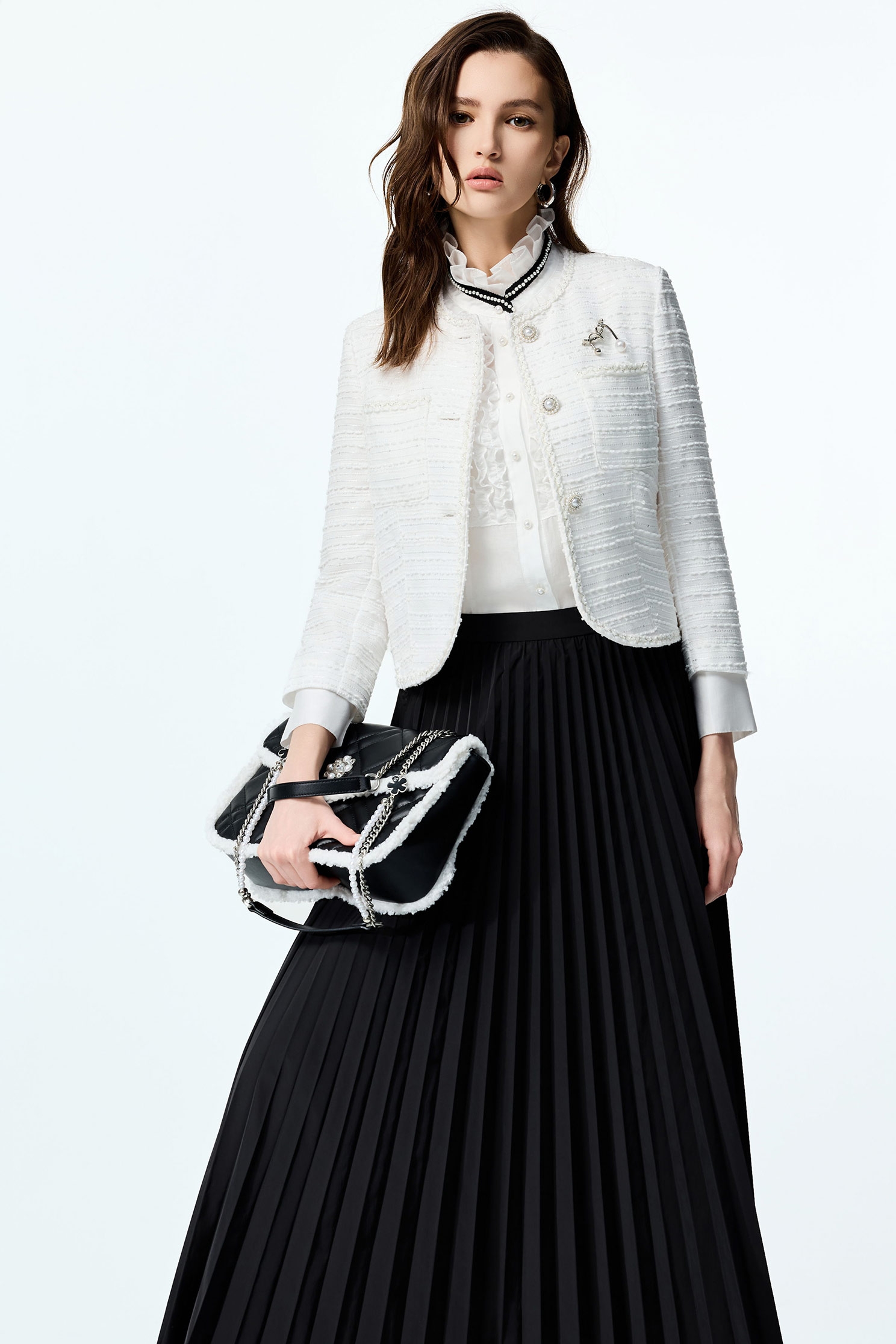 White Tweed Crop JacketWhite Tweed Crop Jacket,Jackets,Outerwear,pearl,White outerwear,Season (AW) Look