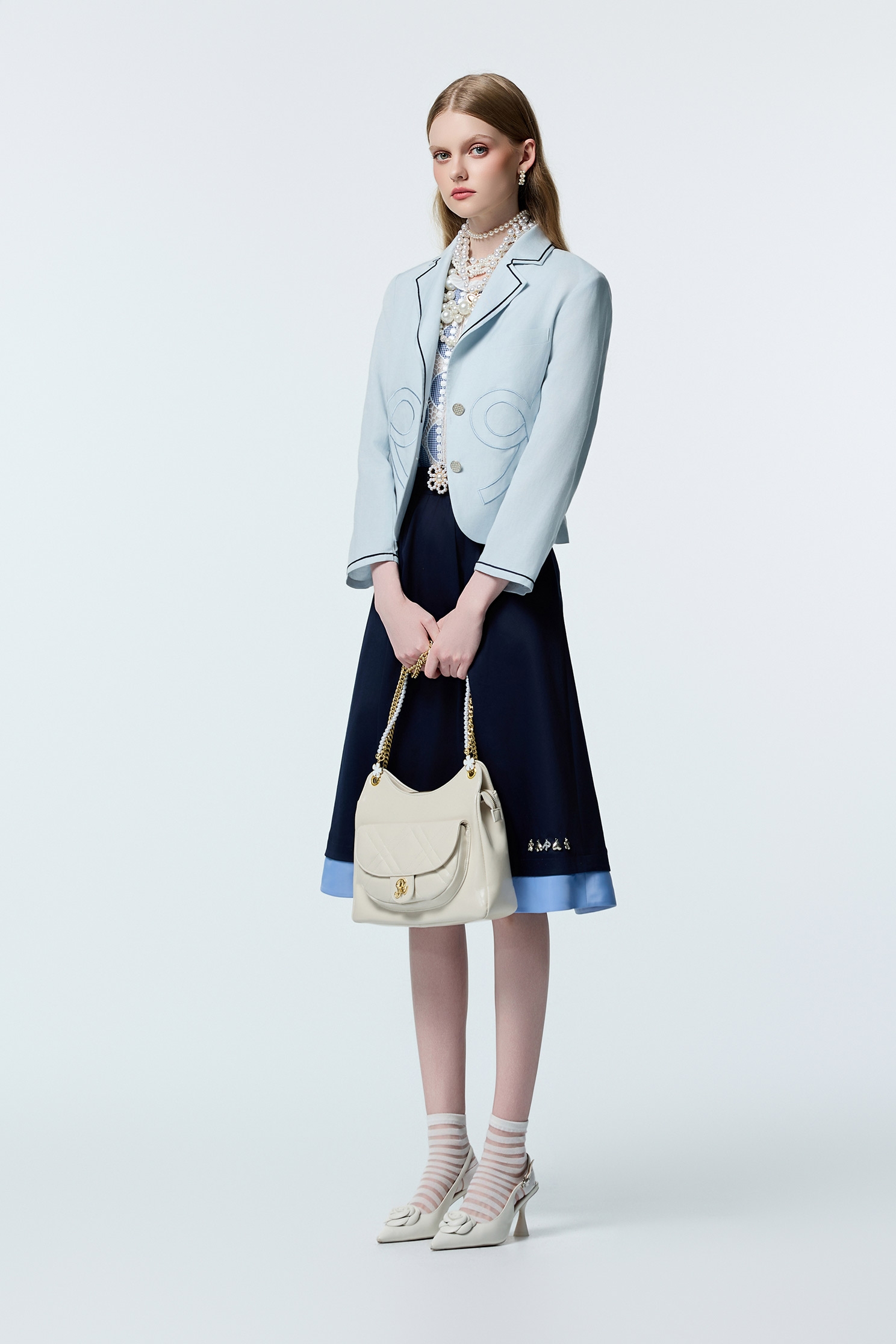 R Logo Light Blue BlazerR Logo Light Blue Blazer,Office Looks,Embroidered,Outerwear,co-ord sets,Season (AW) Look,bows,Blazers,Long sleeve outerwear