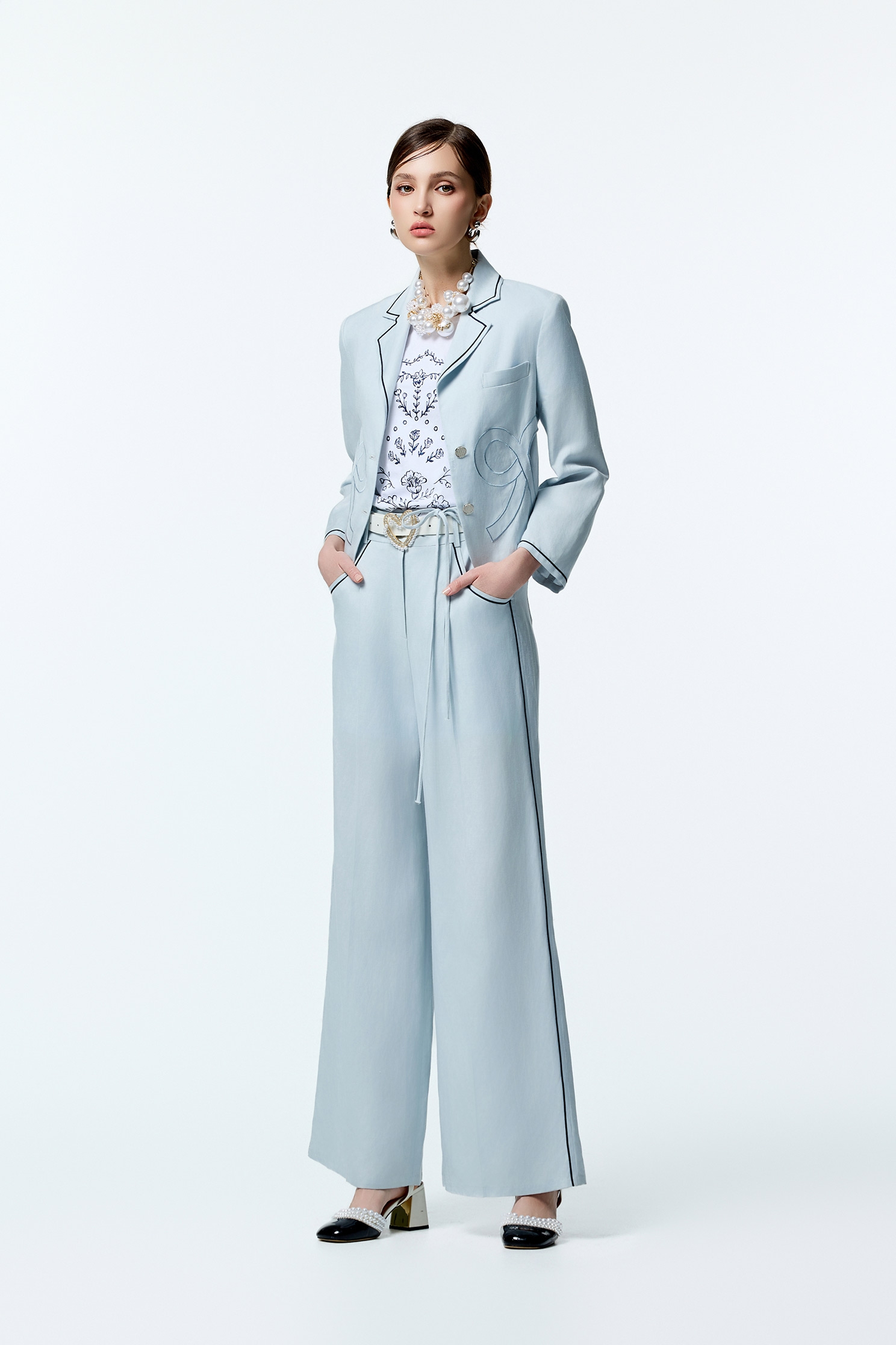 R Logo Light Blue BlazerR Logo Light Blue Blazer,Office Looks,Embroidered,Outerwear,co-ord sets,Season (AW) Look,bows,Blazers,Long sleeve outerwear