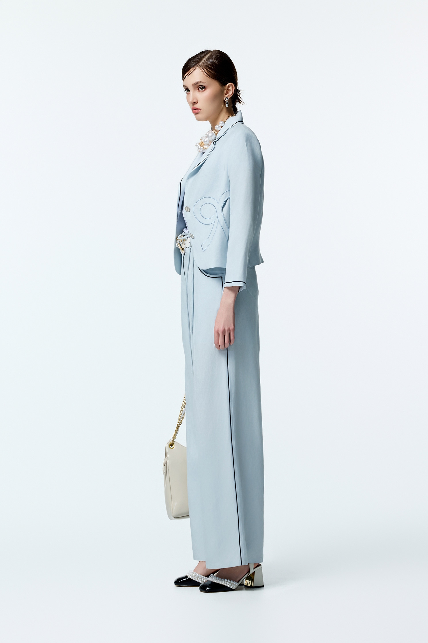 R Logo Light Blue BlazerR Logo Light Blue Blazer,Office Looks,Embroidered,Outerwear,co-ord sets,Season (AW) Look,bows,Blazers,Long sleeve outerwear