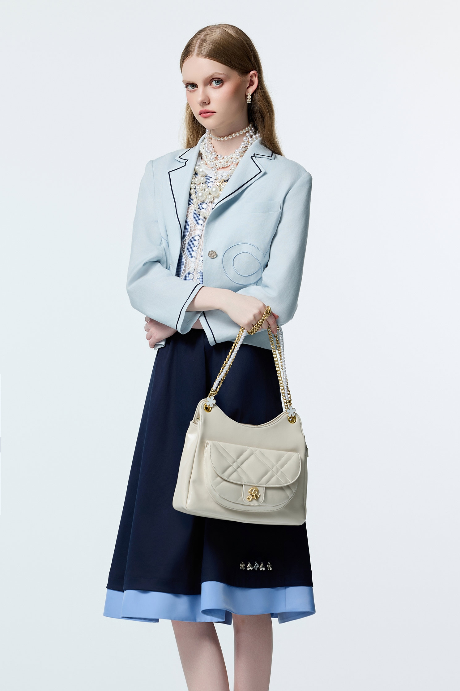 R Logo Light Blue BlazerR Logo Light Blue Blazer,Office Looks,Embroidered,Outerwear,co-ord sets,Season (AW) Look,bows,Blazers,Long sleeve outerwear