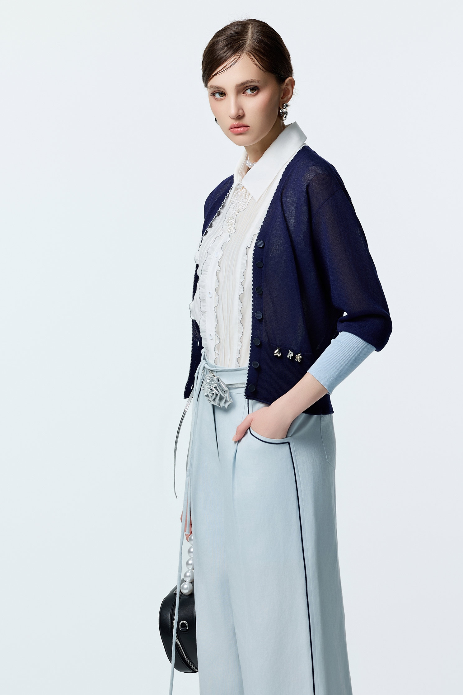 Contrast Sleeve Cuff Navy CardiganContrast Sleeve Cuff Navy Cardigan,Office Looks,Embroidered,Outerwear,Season (AW) Look,Valentine,Knitted,Knitted coats