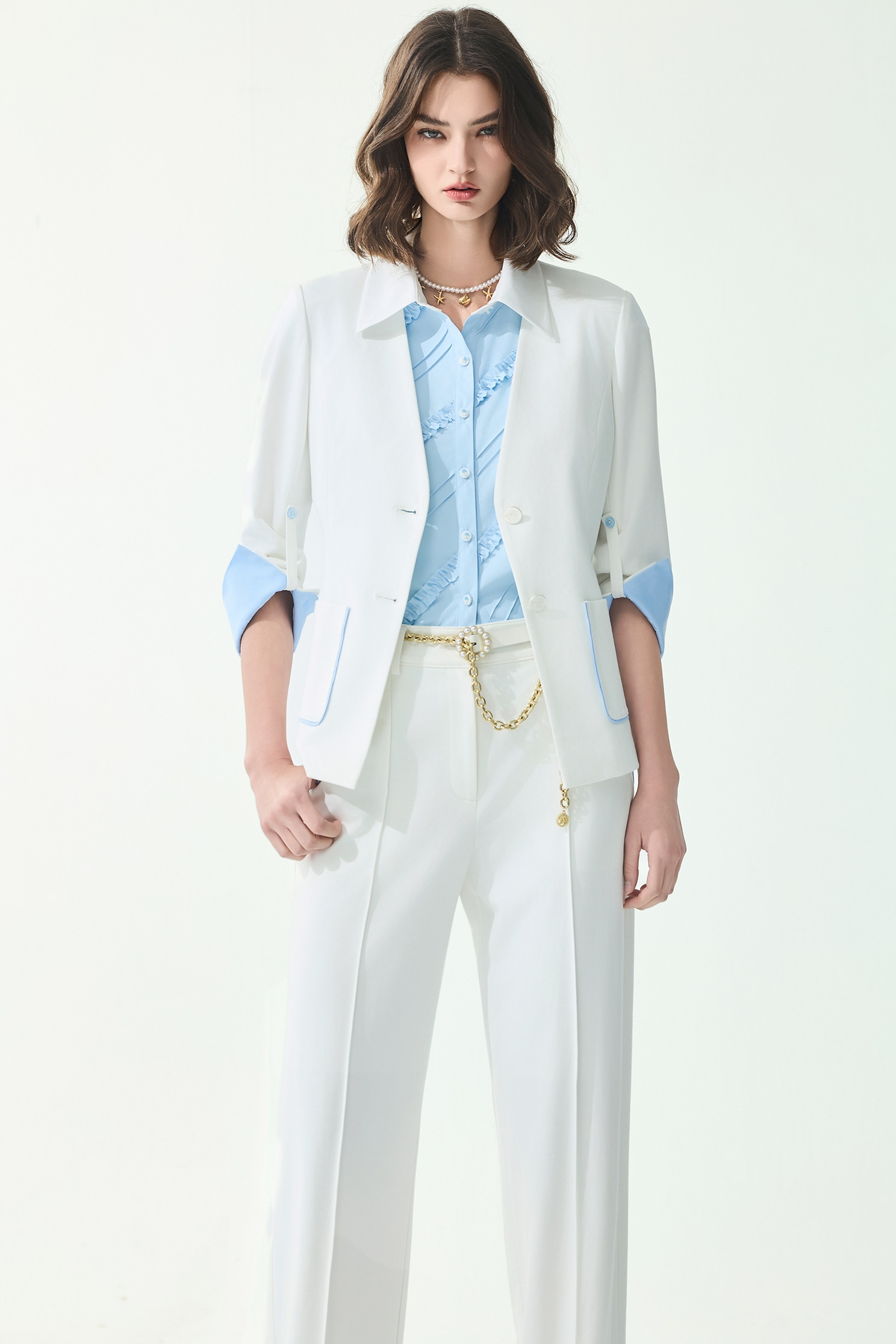 Blue Trim Detail White Blazer,Jackets,Outerwear,Season (SS) Look,White outerwear,bows