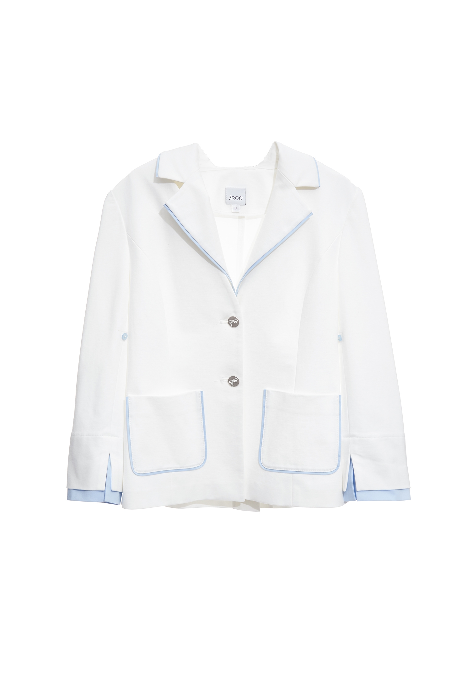 Blue Trim Detail White Blazer,Jackets,Outerwear,Season (SS) Look,White outerwear,bows