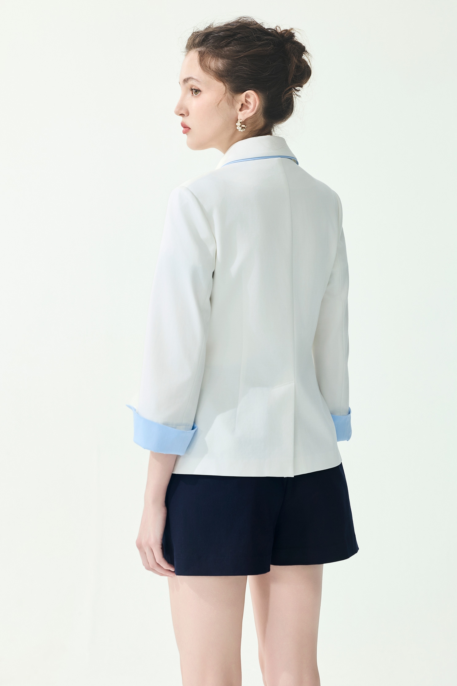 Blue Trim Detail White Blazer,Jackets,Outerwear,Season (SS) Look,White outerwear,bows