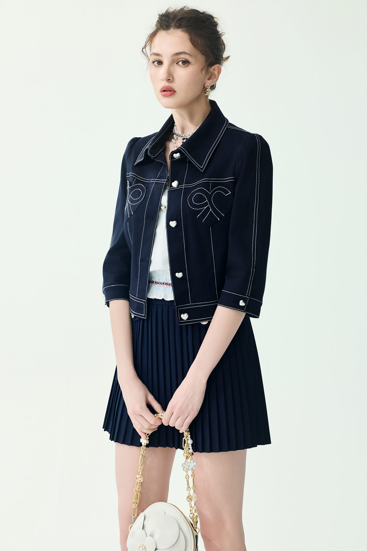Contrast Stitch Navy Crop Jacket,Jackets,Outerwear,Season (SS) Look,bows