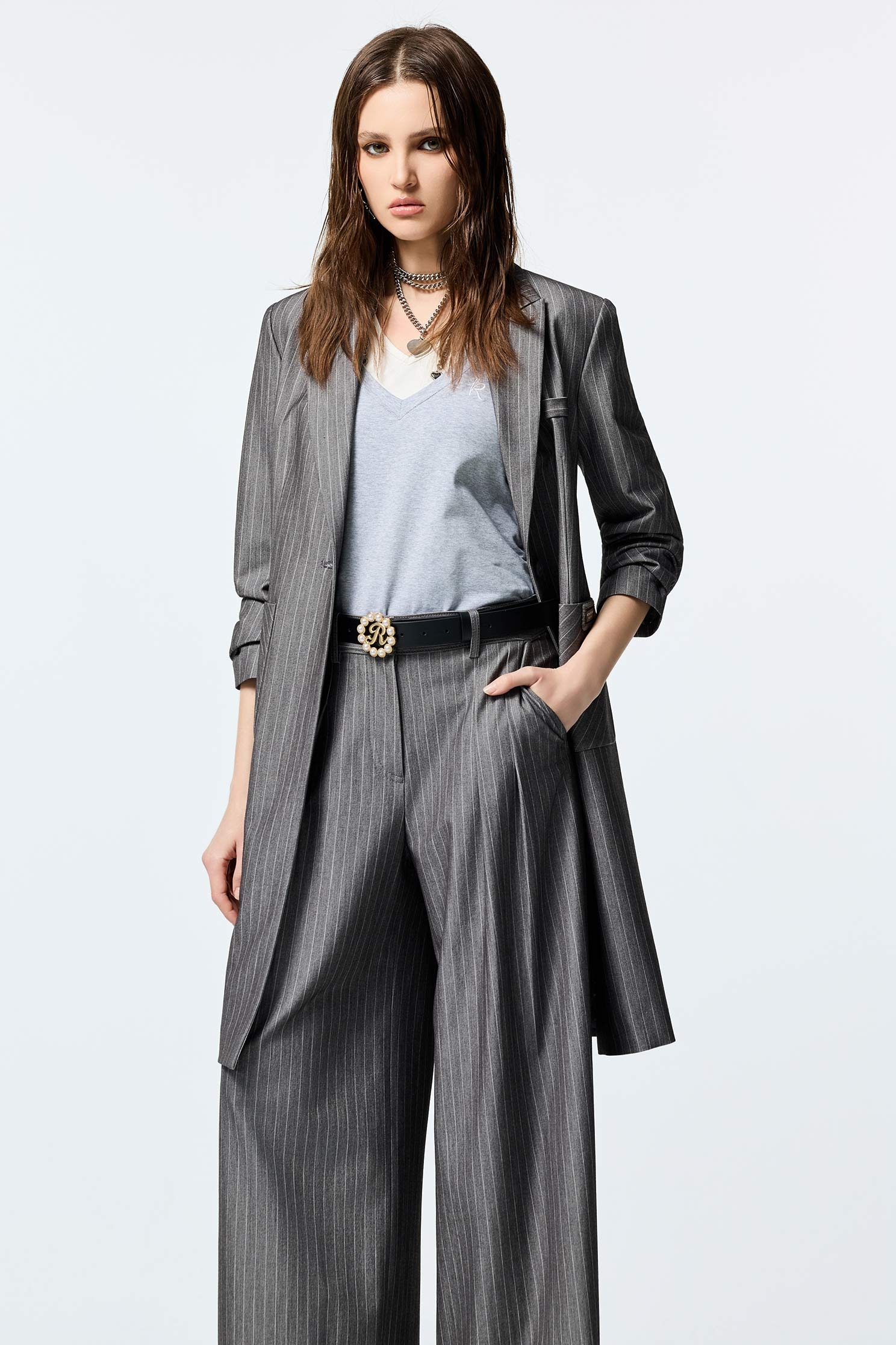 Pinstripe Long BlazerPinstripe Long Blazer,Jackets,Outerwear,Stripe,Season (AW) Look