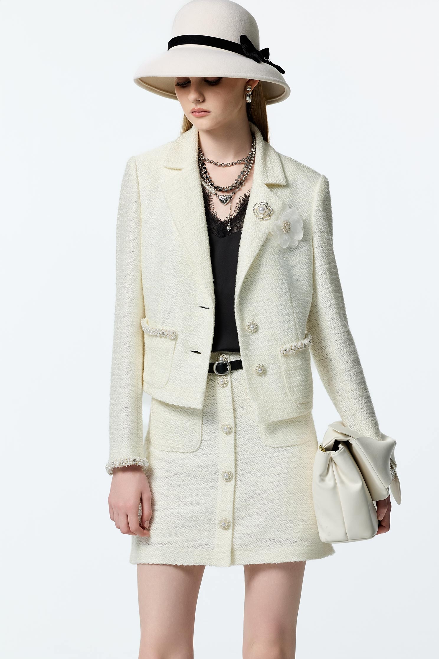 Off White Tweed BlazerOff White Tweed Blazer,Jackets,Outerwear,pearl,White outerwear,Season (AW) Look